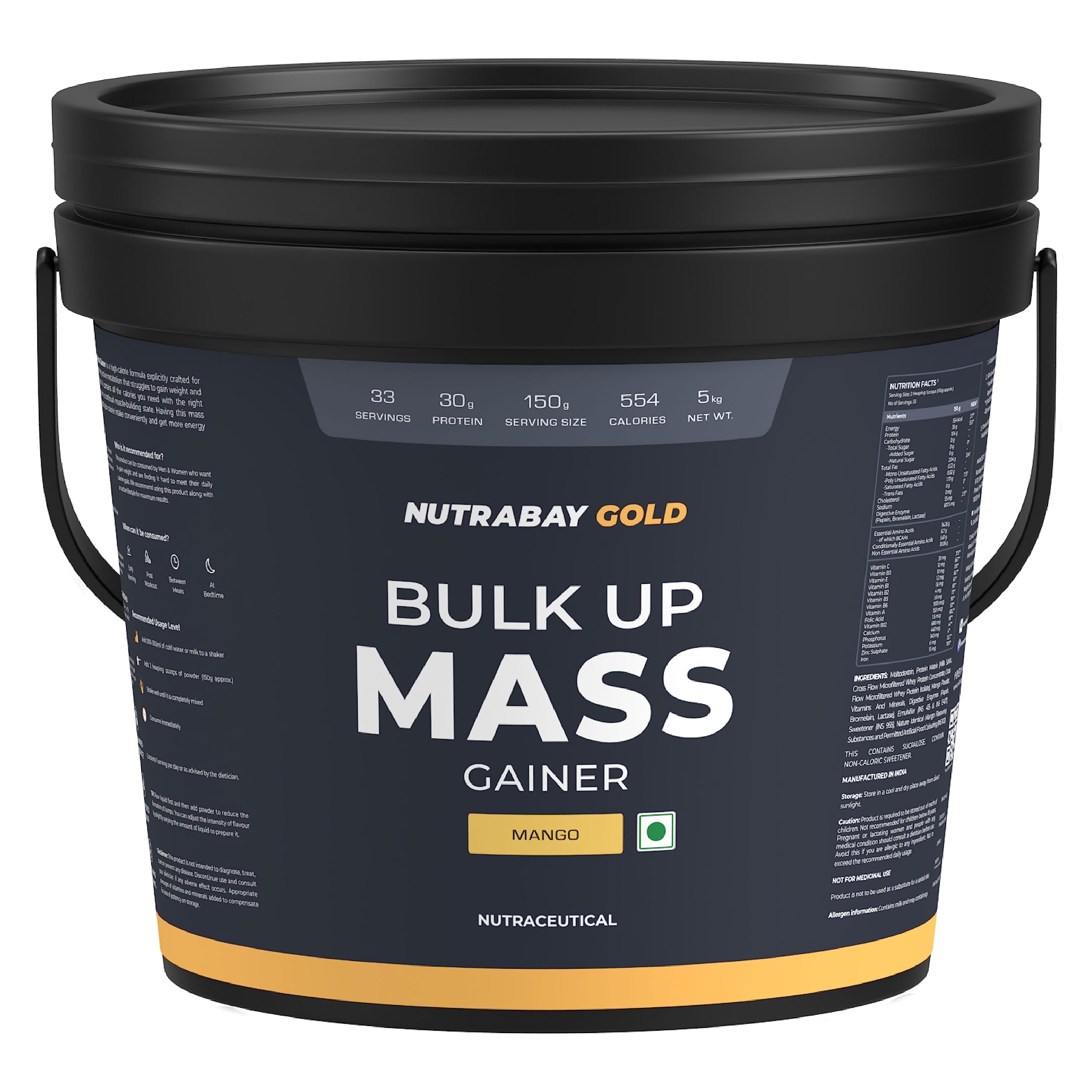 Nutrabay Gold Bulk Up Mass Gainer Powder - 5kg, Mango | 30g Protein, 104g Carbs, 554 Calories | Easy to Digest | 100% Veg Muscle Building & Weight Gainer Supplement for Men & Women-image-17