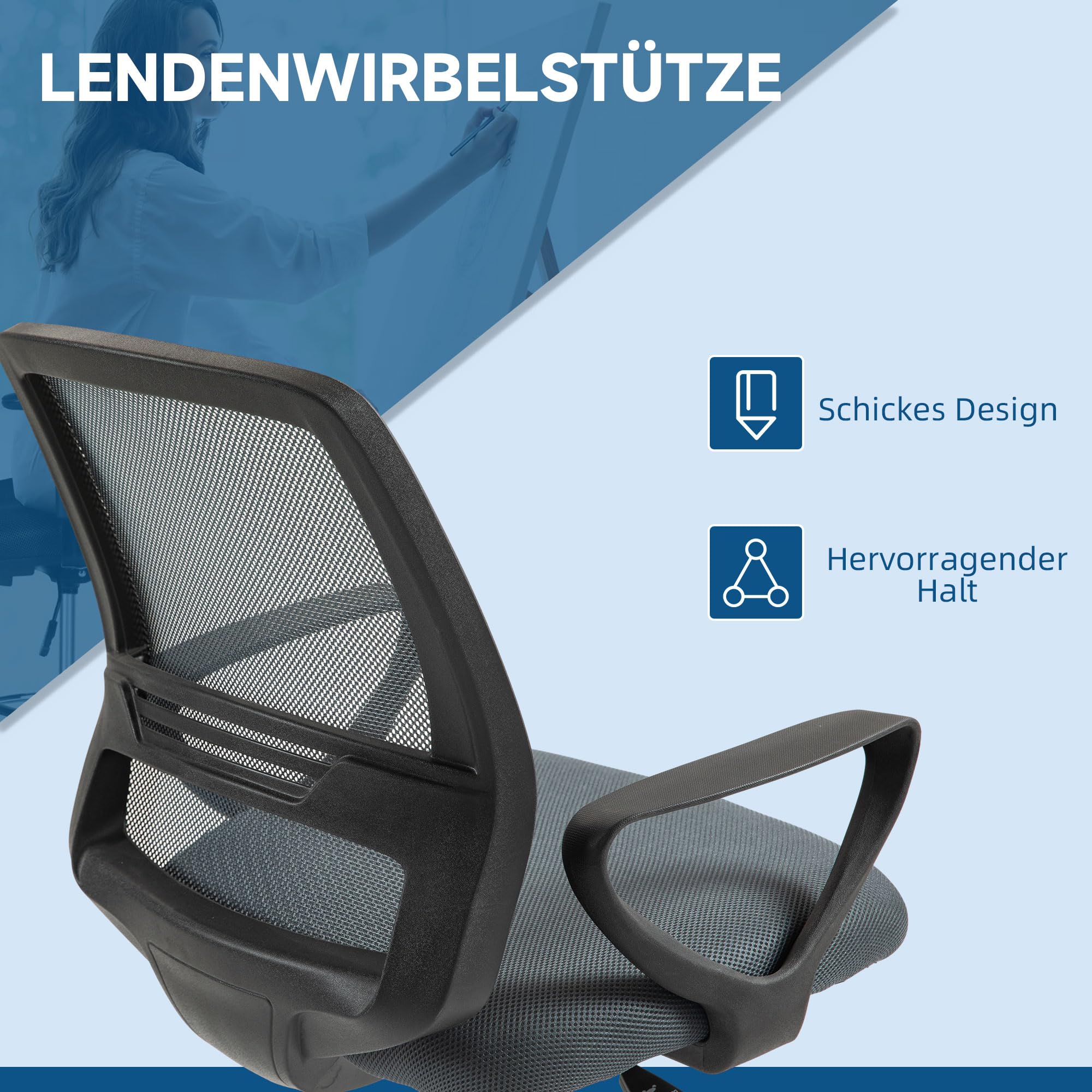 Vinsetto Bürostuhl Ergonomischer Schreibtischstuhl mit Armlehnen Grau | Verstellbarer Fußring, Höhenverstellbarer Drehstuhl, Netzbespannung