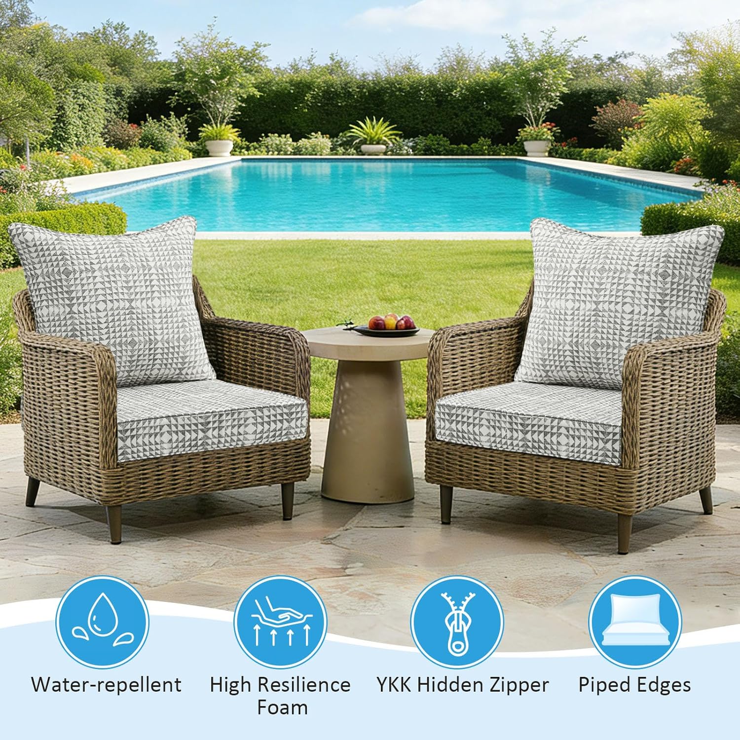 Sunbrella Outdoor Deep Seat & Back Cushion Set (2-Pack), 24 x 24 Inch Water Repellent and Fade Resistant Patio Furniture with Removable Cover for Outside Sofa Couch, Runa Classic