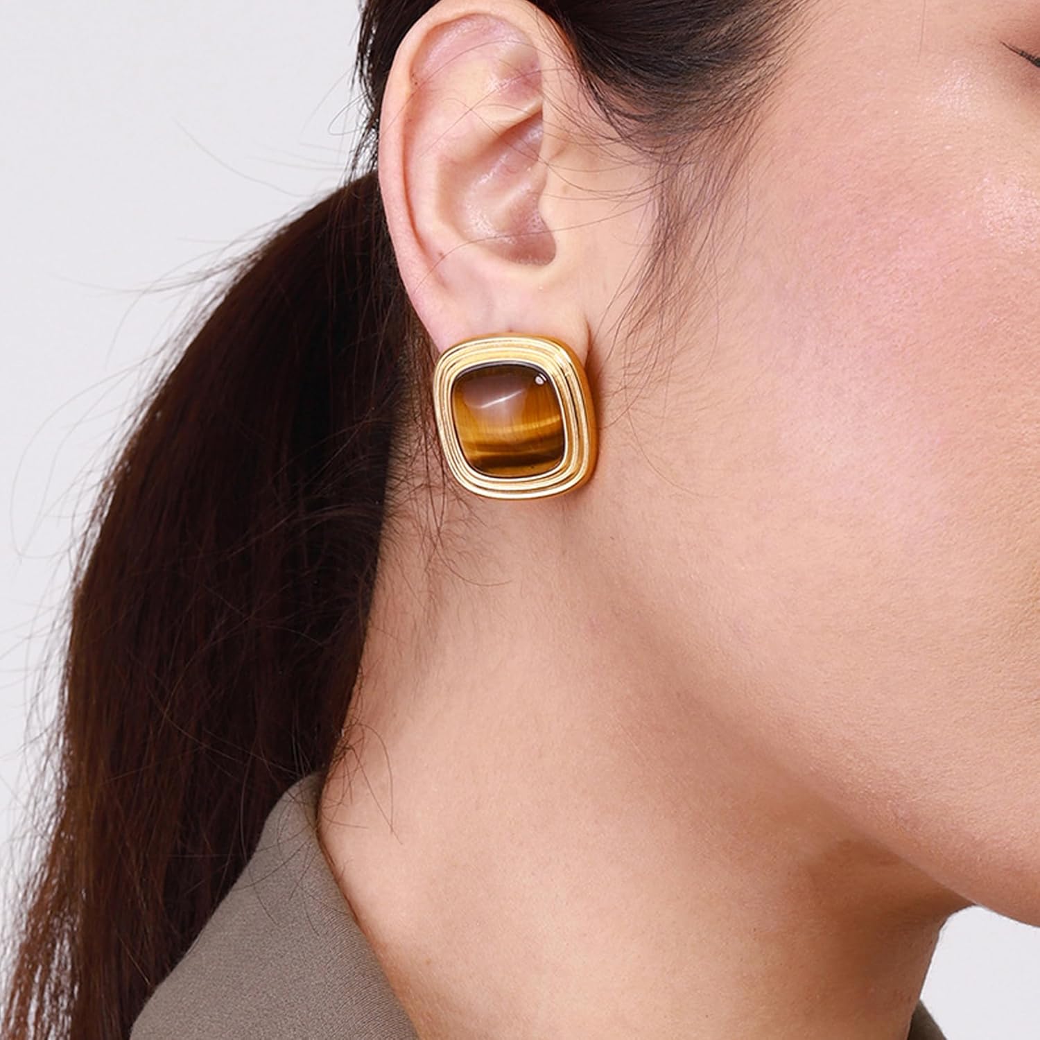 Big Gold Chunky Stud Earrings Brown Square Tiger Eye Earrings Vintage Statement Earrings Jewelry - Image 2