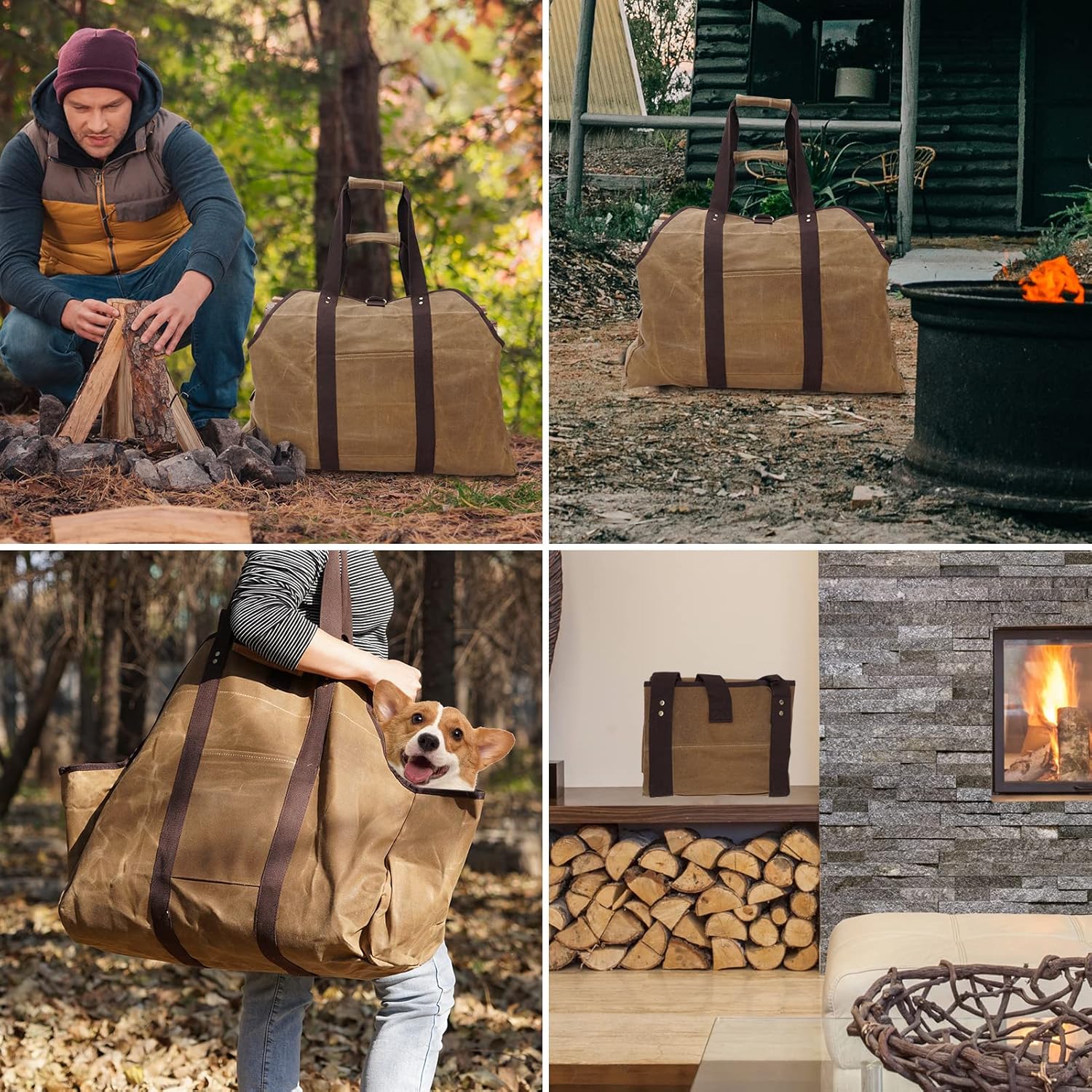 Waxed Canvas Log Carrier Tote Bag, Extra Large Durable Firewood Holder with Handles and Shoulder Strap, Heavy Duty Wood Carrying Bag for Fireplaces & Wood Stoves Khaki - Image 7