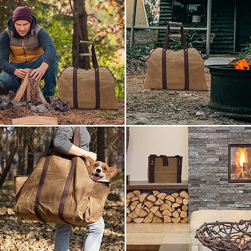 Miniatura 7 de Bolsa de lona encerada, soporte de leña extra grande y duradero con asas y correa para el hombro, bolsa de transporte de madera resistente para