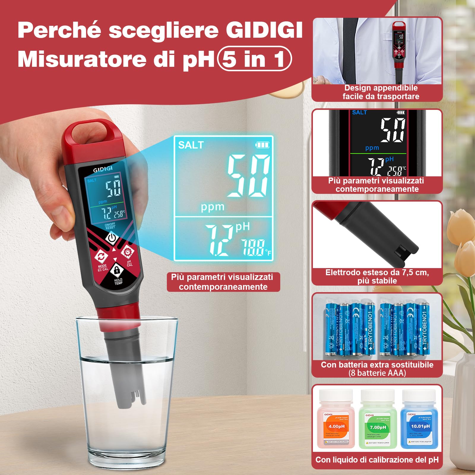 GIDIGI Misuratore di pH per Piscina 5 in 1 Tester PPM Schermo a Colori Acqua Salata Acquario