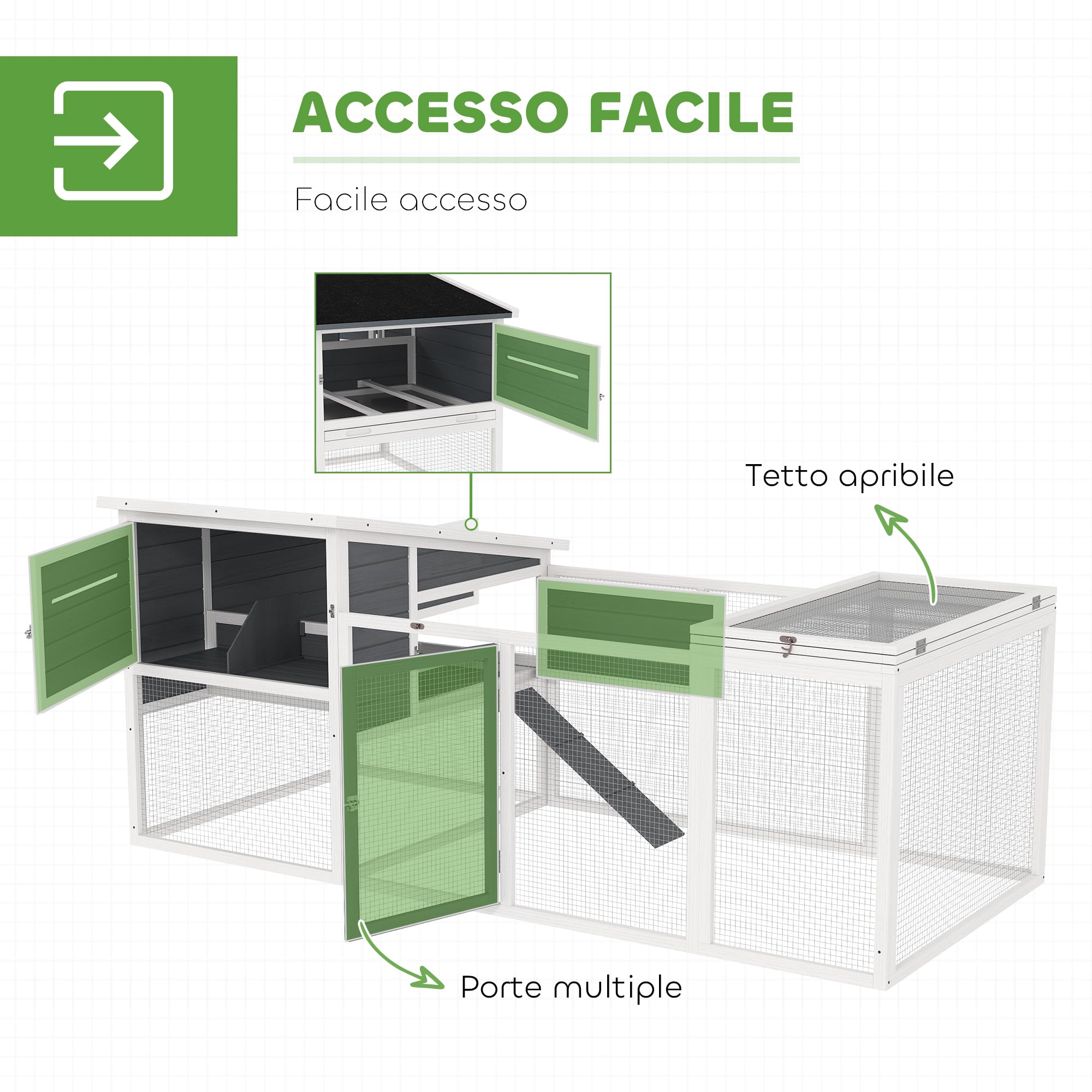 PawHut Pollaio per Galline Ovaiole Esterno con Casetta, Nido per Cova, Tetto Impermeabile Apribile, Vassoio Estraibile, Porte, Gabbia Recinto per 2-4 Galline Conigli in Legno, 214x101x91.5cm, Grigio