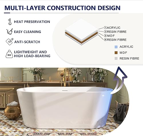 Miniatura 11 de Bañera independiente de acrílico de 67 pulgadas, bañera independiente, bañera de remojo, certificado cUPC, CM (blanco brillante)
