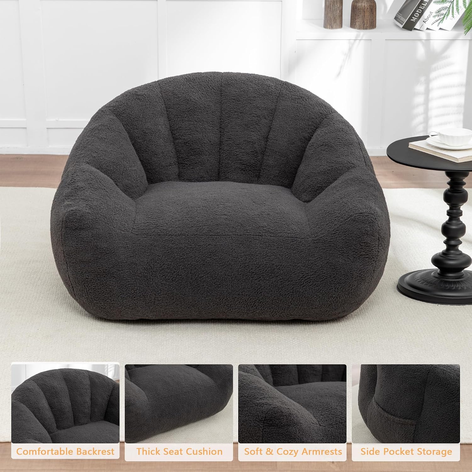 MINCETA Giant Bean Bag Chair, Oversized Bean Bag Chairs with Armrests, 35" D x 41.4" W, Adult Size Beanbag Sofa for Bedroom, Filler Included, Dark Gray