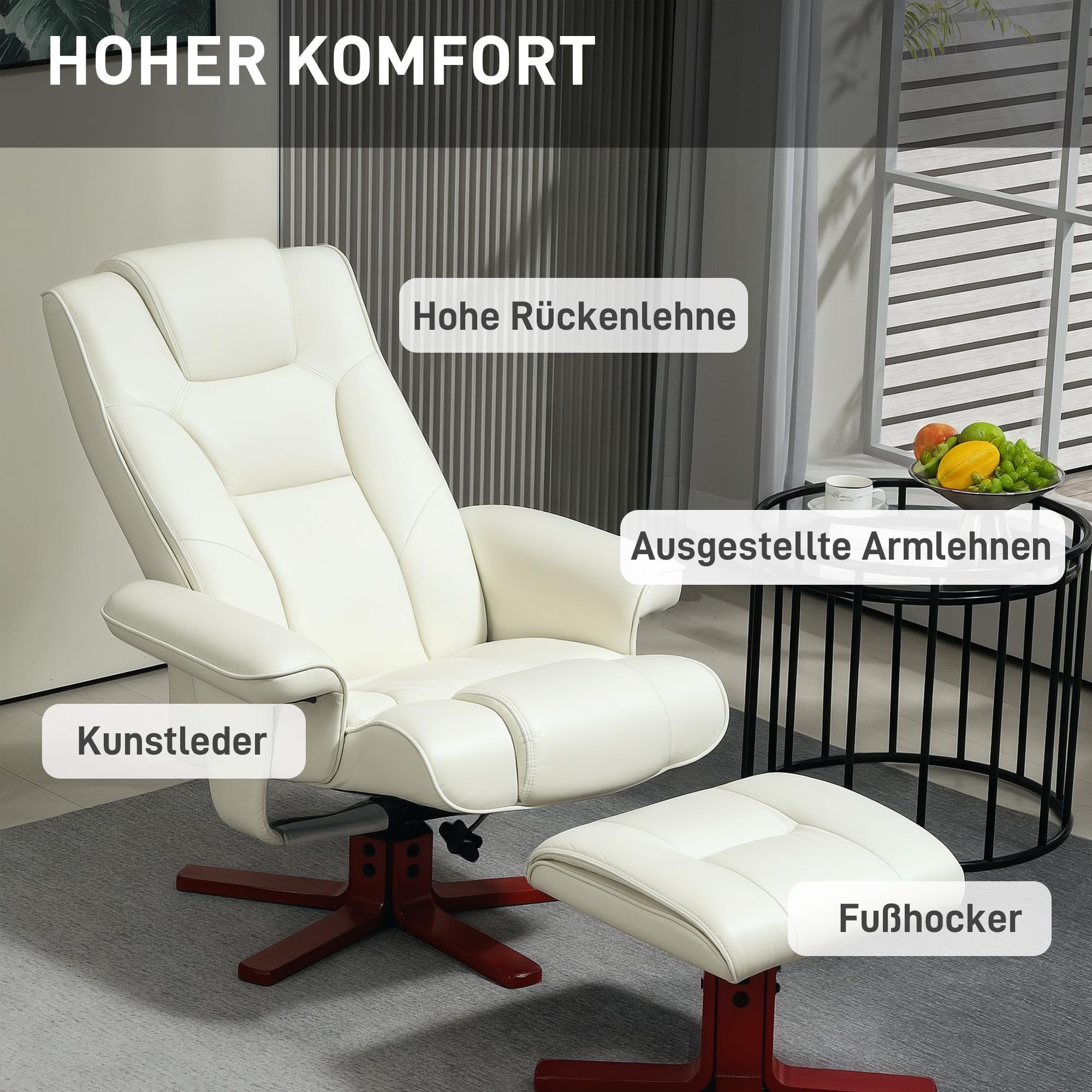 HOMCOM Relaxsessel mit Hocker Liegefunktion 150 kg Kunstleder Cremeweiß | Fernsehsessel mit Hocker, Wippfunktion, Gepolstert Liegesessel, Verstellbare Rückenlehne, für Wohnzimmer