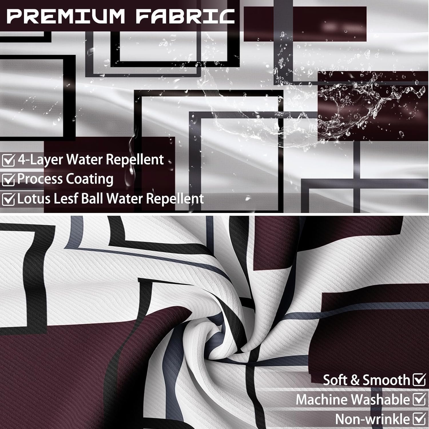 Burgundy Geometric Shower Curtain Maroon and Dark Red Abstract Modern Shower Curtains for Bathroom Decor, Waterproof Fabric with Hooks 70 x 72 Inch
