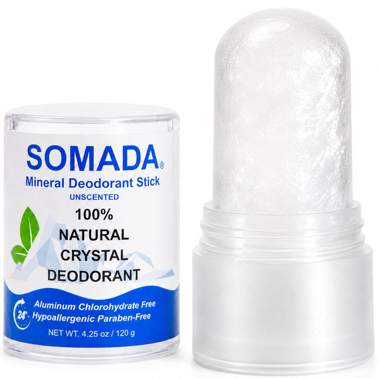 SOMADA Crystal Deodorant Stick for Women and Men, 4.25 oz/120g - 100% Natural Alum Salt Stone Rock - Unscented Mineral Rock