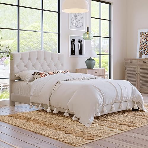 Miniatura 7 de Base de cama de plataforma tapizada de tamaño matrimonial con cómoda cabecera curvada con silla de montar, cama de plataforma moderna de estilo real