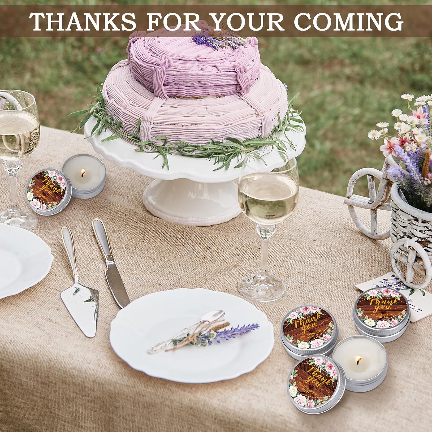 MTLEE 50 Pcs Vintage Wedding Candles Gift Favors for Guests 1 Oz Lavender Scented Soy Wax Aromatherapy Candle Bulk Favors for Bridal Shower Rustic Wedding Party Guests