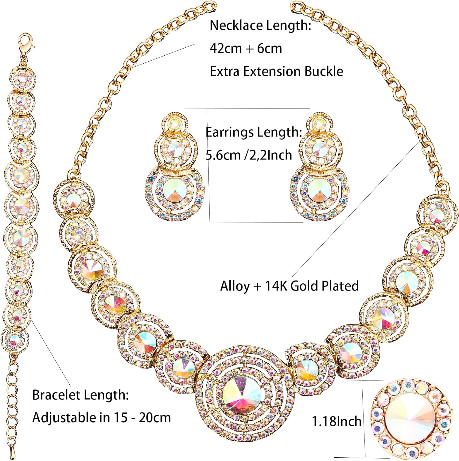 Women’s Wedding Bridal Austrian Crystal Circle Statement Necklace Dangle Earrings Bracelet Ring Jewelry Set