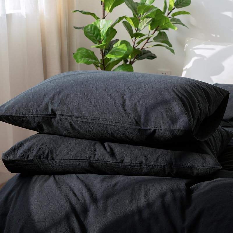 MOOMEE Pillowcase Set of 2 100% Washed Cotton Linen-Like Queen | Relaxed Linen-like Texture. Soft, Breathable & Long-lasting Comfort. Lightweight. Envelope Closure Keeps Pillow Secure