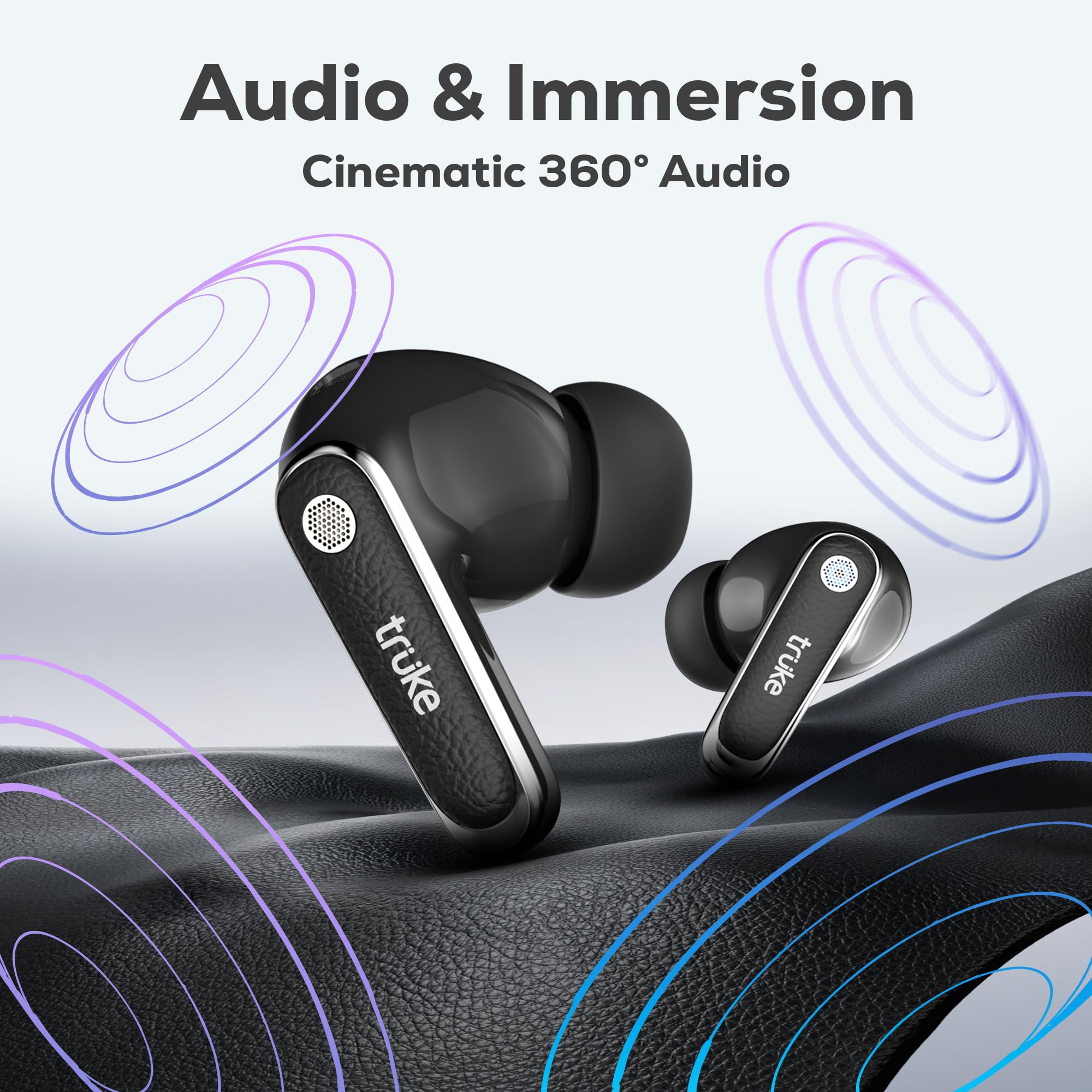truke New Launch Mega 12 True Wireless in Ear Earbuds W/ 24-Bit Spatial Audio, Premium Leather Textured Design, 70H Playtime Fast Charge Buds, 13mm Drivers TWS, Low Latency, ENC (Ash Black) — Amazon image 5