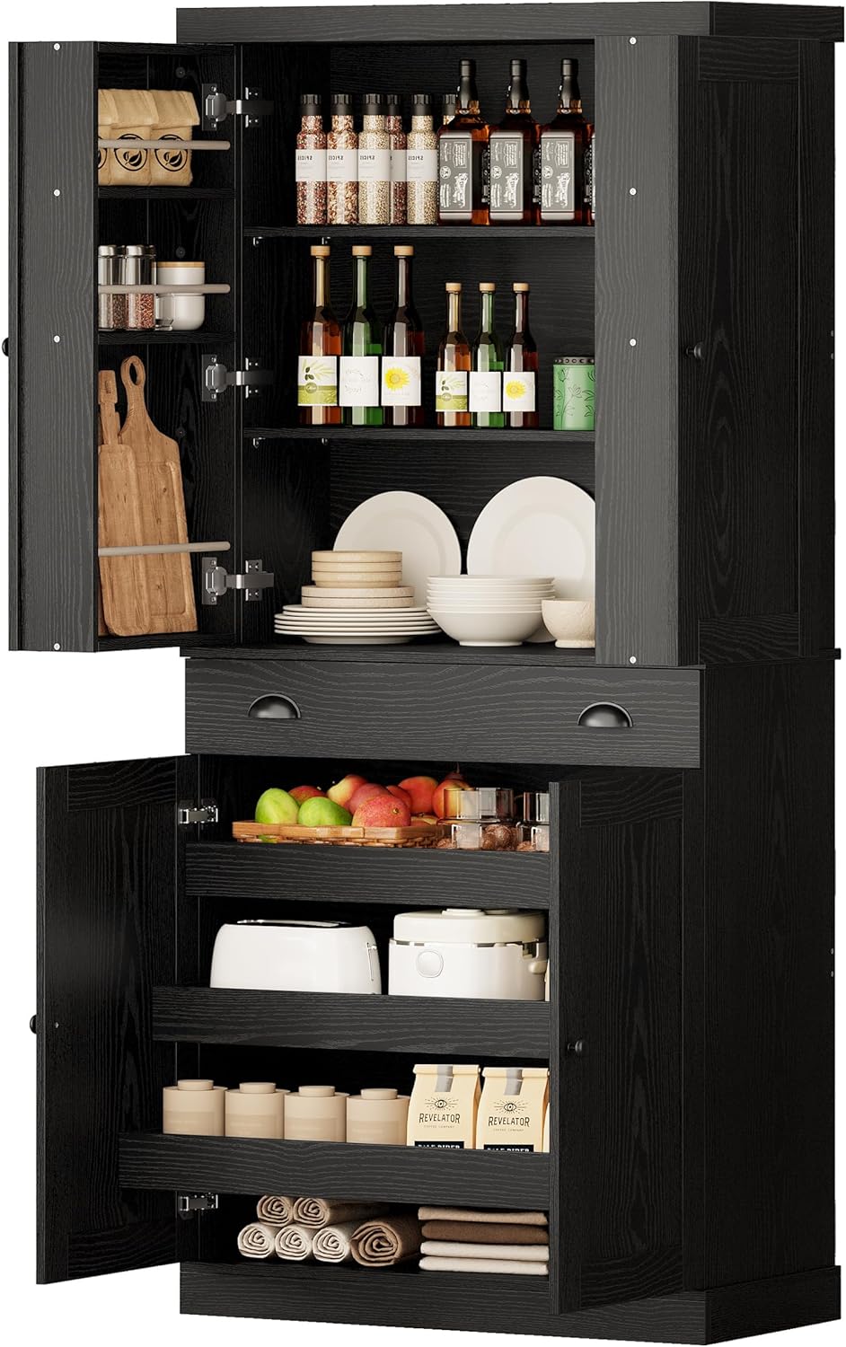 Image of the IRONCK Kitchen Pantry Cabinet, showing both open and closed views