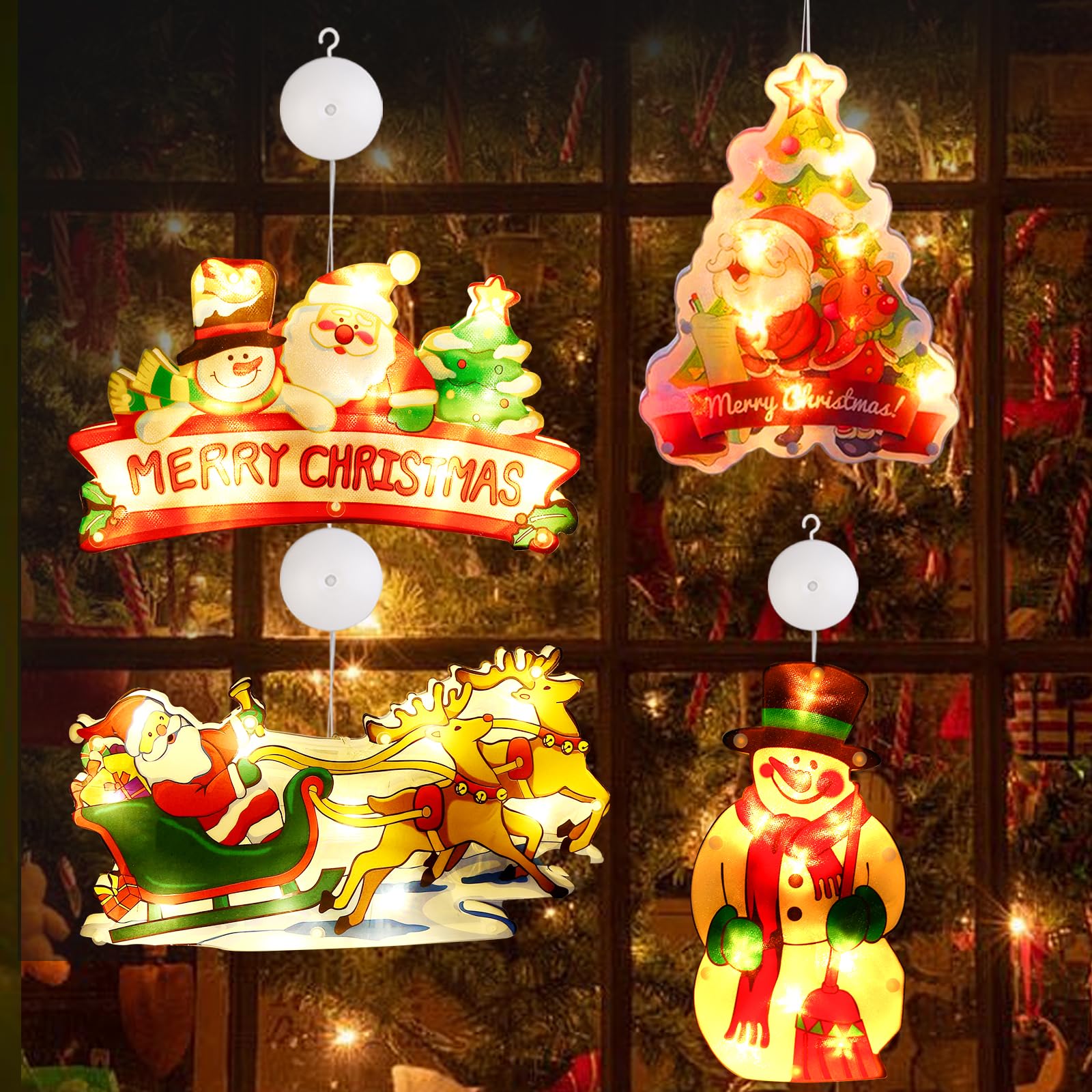 SPORWAY Ventosa LED de Navidad Luces: 4 luces LED de Navidad colgantes, luz LED para ventana de Navidad, luces decorativas para interior y exterior, fiesta de Navidad, decoración de ventana