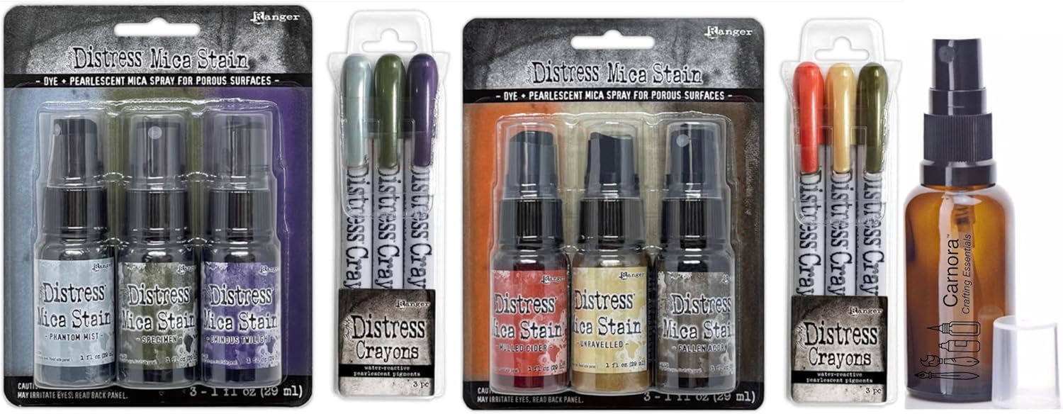 Tim Holtz Halloween Mica Stain Spray, 6 Bottles, Matching Distress Crayons, Carnora Amber Bottle, 13 Pieces Total