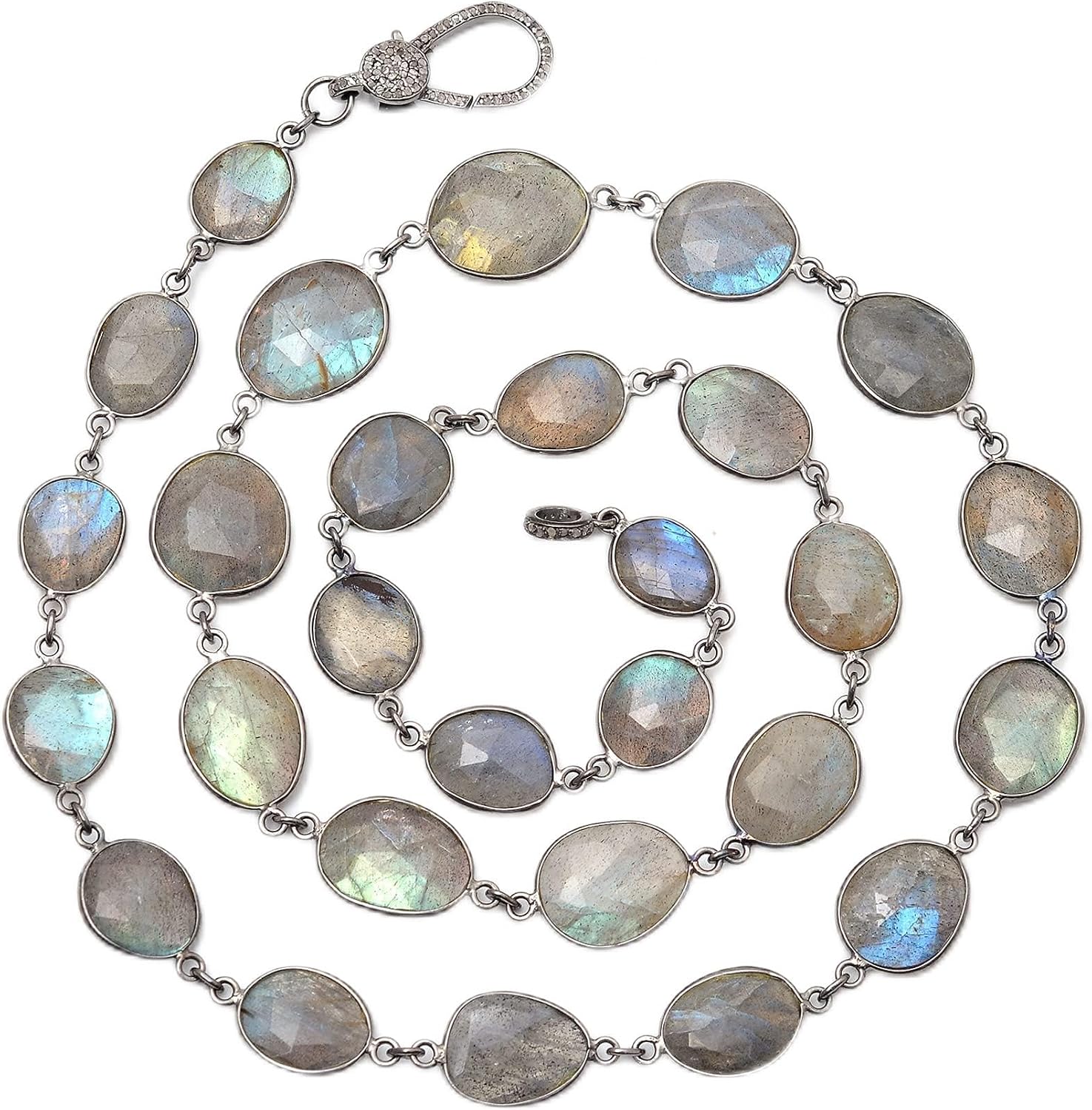 Labradorite Chain,Pave Diamond Clasp,Labradorite and Pave Diamond Necklace,Statement Necklace,Labradorite Necklace,Diamond Lobster Clasps,Labradorite Bezel Chain