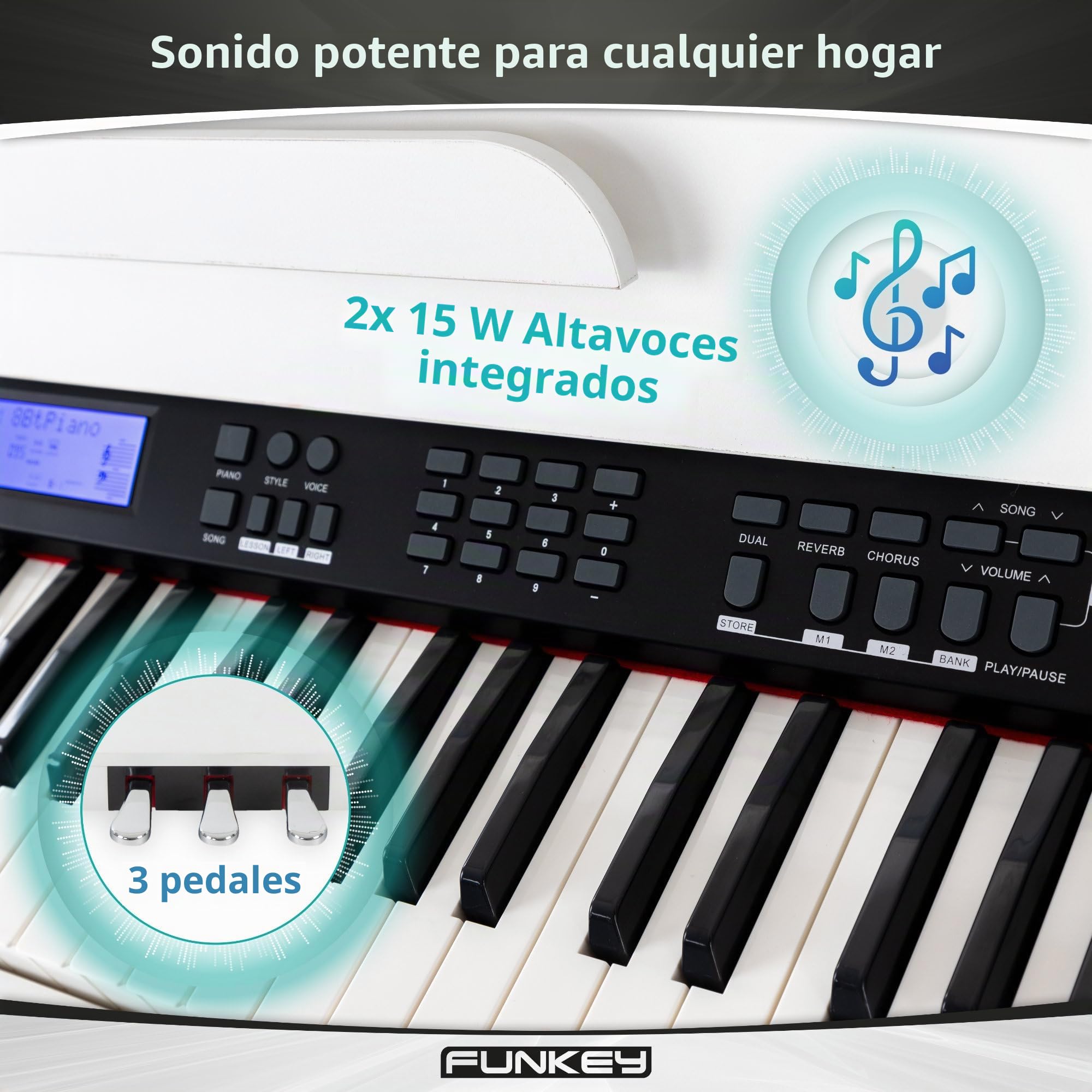Piano digital FunKey DP-88 blanco set con auriculares, banco de piano Economy y manual