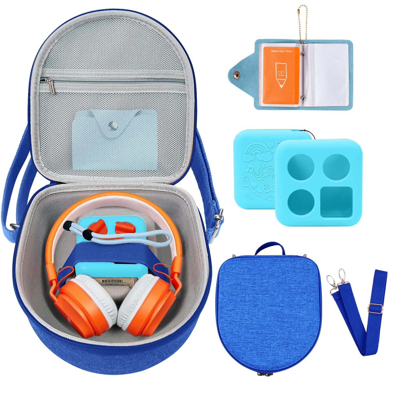 Hard Case Compatible with Yoto Mini (2024 Edition), 3-in-1 Travel Bundle: Silicone Cover + Case with Shoulder Strap (Fits Mini Player &amp; Headphones) + Up to 10 Card Holder for YOTO Cards (Blue)