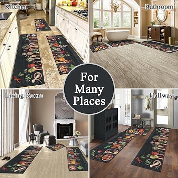 Vaukki Boho Kitchen Rug Sets 3 Pieces, Washable Kitchen Mats for Floor, Non Slip Soft Kitchen Area Rug Floor Mat for Kitchen, Laundry Room and Hallway (Teal+Spice-Black 20''x32''+20''x47''+20''x59'')