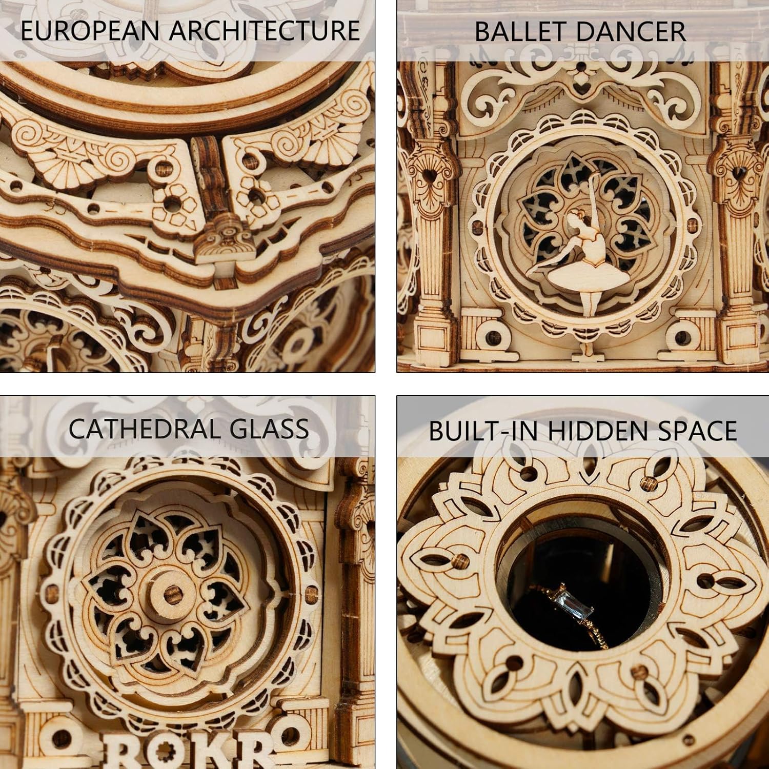 ROKR 3D Wooden Puzzles Delicate Music Box, DIY Mechanical Model Kits, Romantic Gift on Birthday/Valentine's Day, Vintage Style Decoration for Home