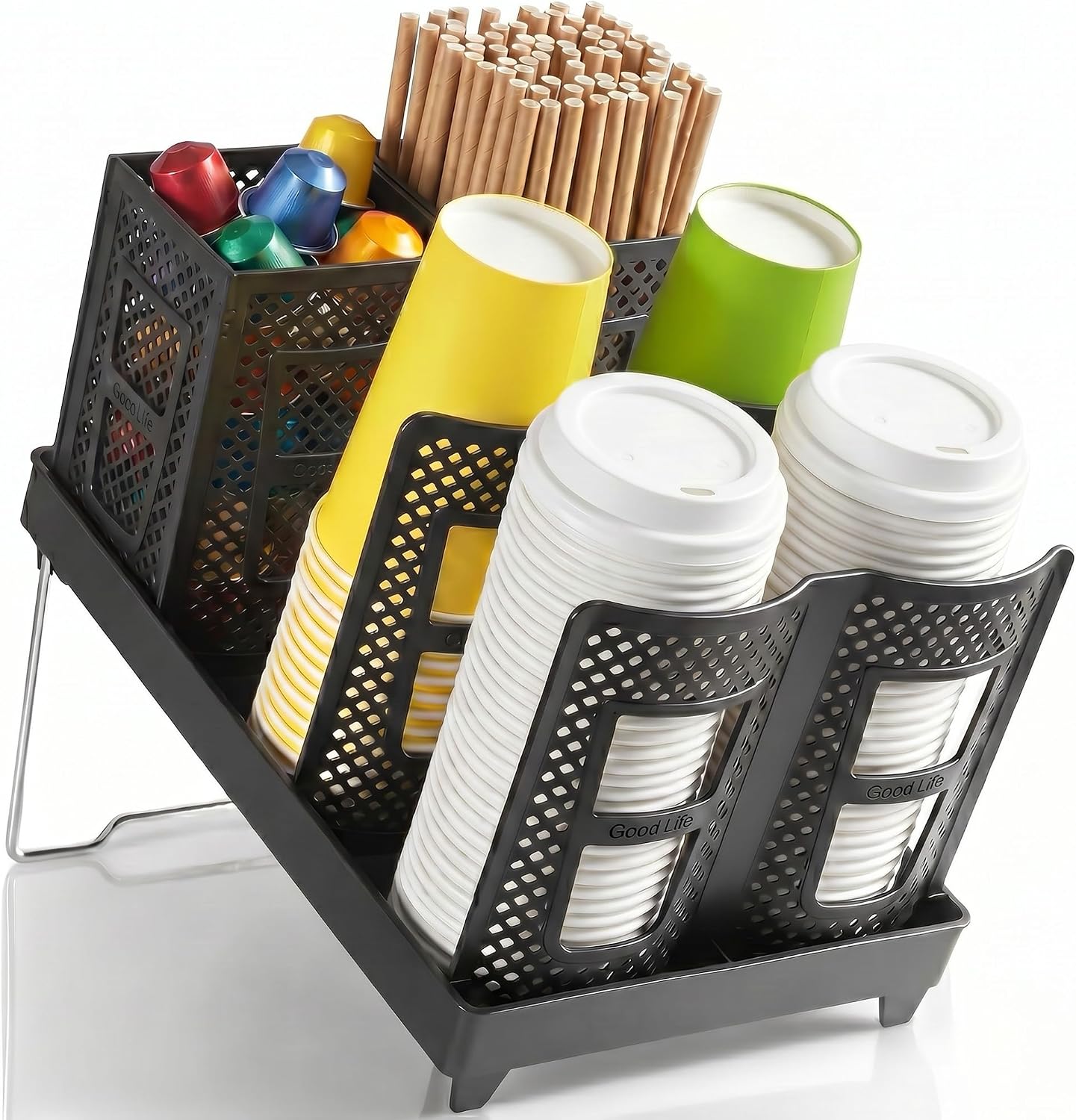 6-Slot Paper Cup and Lid Holder with Straws Holder, Black