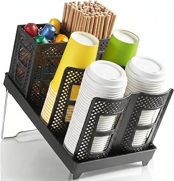 6-Slot Paper Cup and Lid Holder with Straws Holder, Disposable Coffee Cup Dispenser, Upright Paper Cup Dispenser for Coffee Stations, Kitchens, Bars, Restaurants, Lounges Black