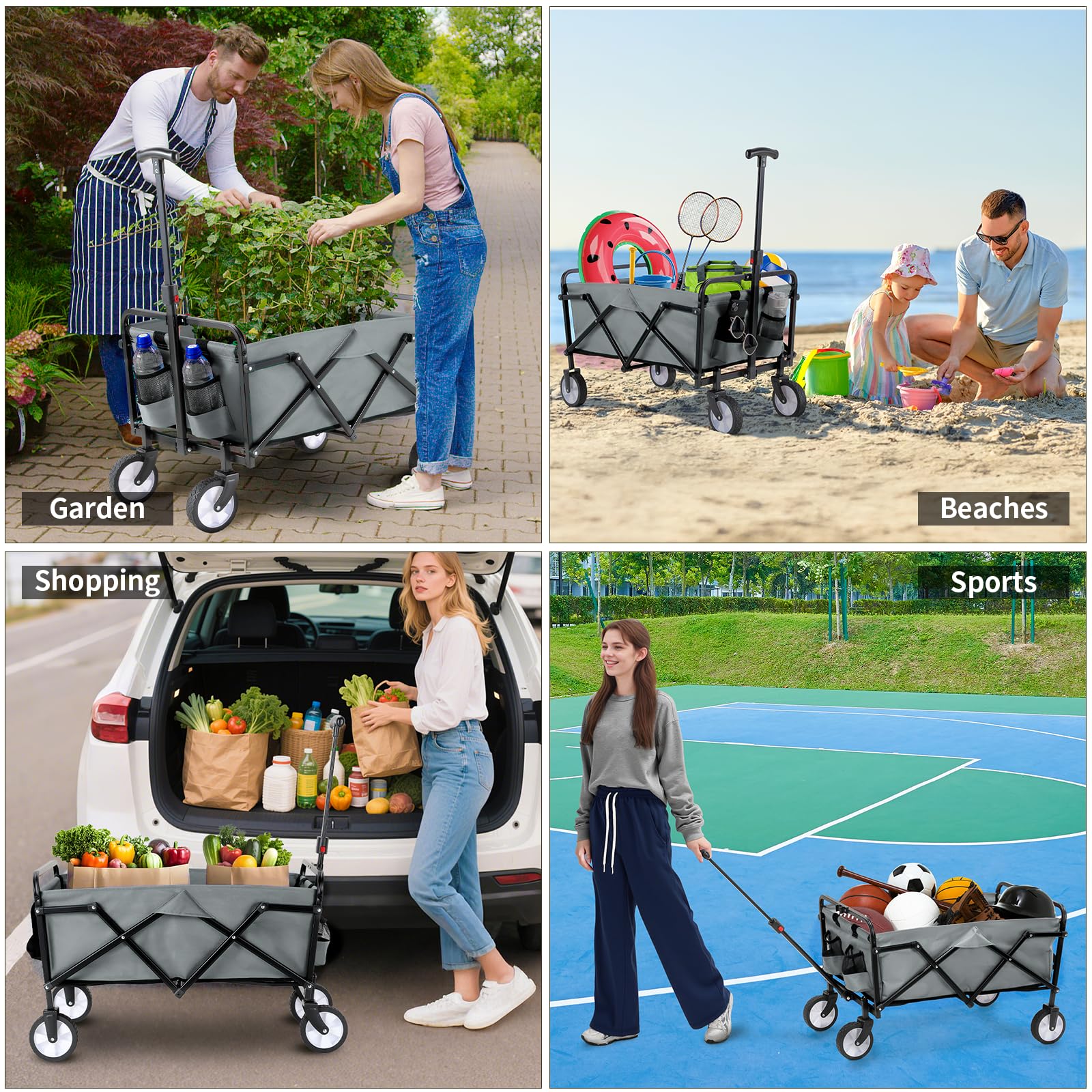 Bollerwagen Faltbar Handwagen All Terrain Räder, Gartenwagen mit Getränkehalter verstellbarem Griff, Transportwagen Klappbar Strandwagen, Gartenkarre, Einkaufswagen, Camping (Grau)