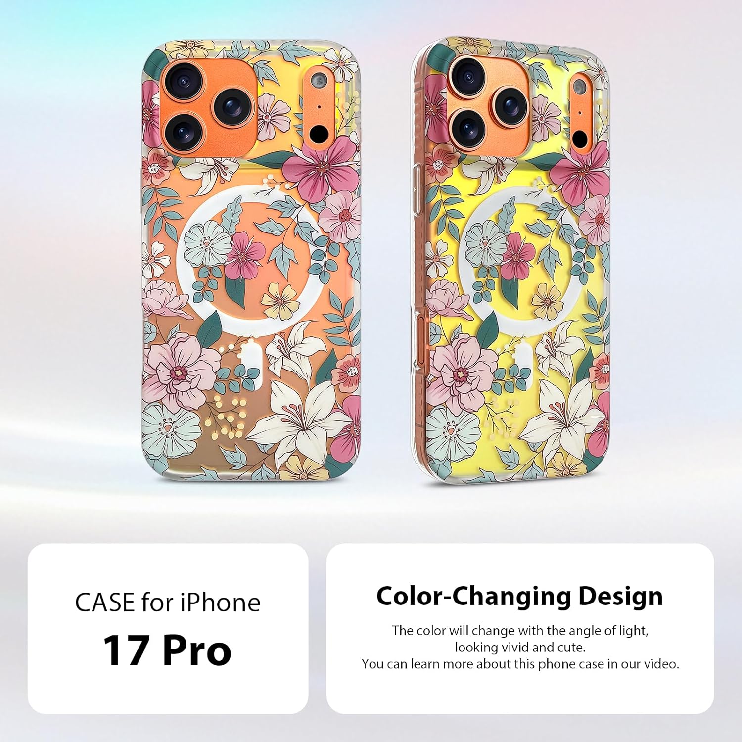Magnetic for iPhone 17 Pro Case [Compatible with MagSafe] Pretty Fluorescent Flower Floral Pattern Design, Sparkly Bling Shockproof Translucent Slim Cover for Women Girls