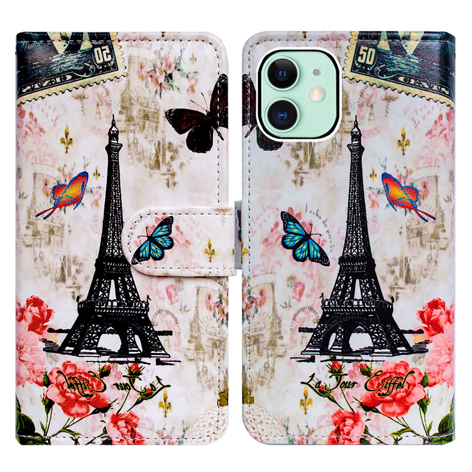 Bcov Case for iPhone 13, Paris Tower Butterfly Leather Flip Phone Case Wallet Cover with Card Slot Holder Kickstand for iPhone 13