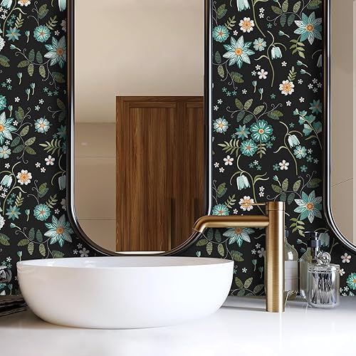 Miniatura 2 de VaryPaper Papel tapiz floral negro de 17.7 x 78.7 pulgadas, diseño de copos de nieve y flores, papel tapiz autoadhesivo extraíble, papel de contacto
