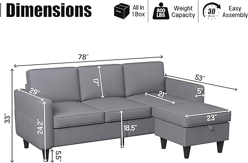 Miniatura 2 de Sofá seccional convertible gris claro, sofá en forma de L de 3 asientos con otomana de almacenamiento reversible y bolsillos, moderno sofá tapizado