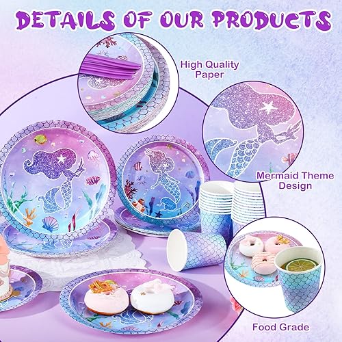 Miniatura 4 de Ctosree 220 piezas de decoración de cumpleaños de sirena, kit de suministros para fiesta de sirena, incluye globos, telón de fondo, pancartas,