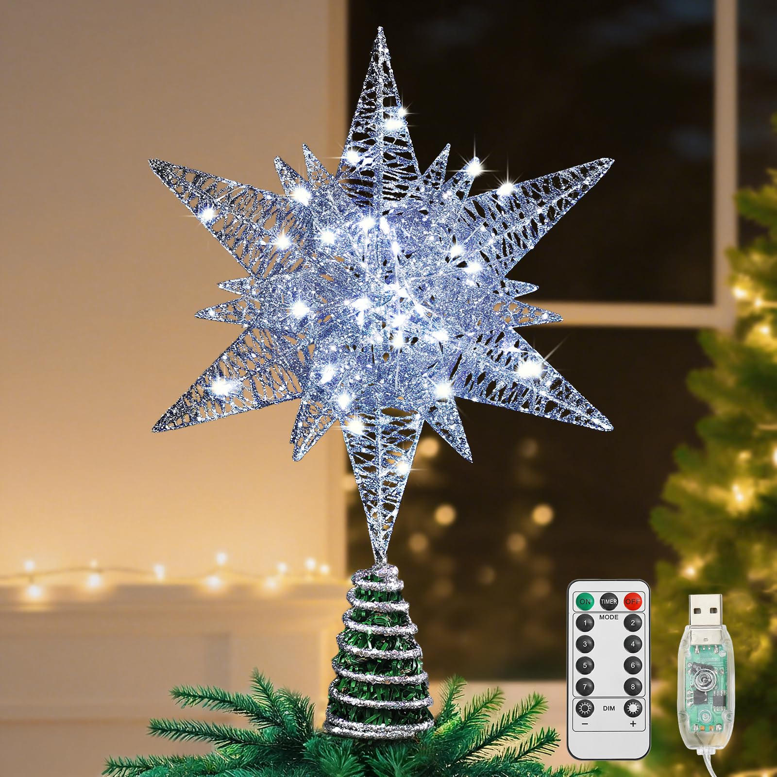 Lewondr Etoile Sapin de Noel, Pointe d'Etoile Hexagonale pour Sapin de Noël Alimenté par Pile/USB avec Lumières LED + Base en Spirale, Decoration Noel pour Maison Salon Chambre Jardin - Argent