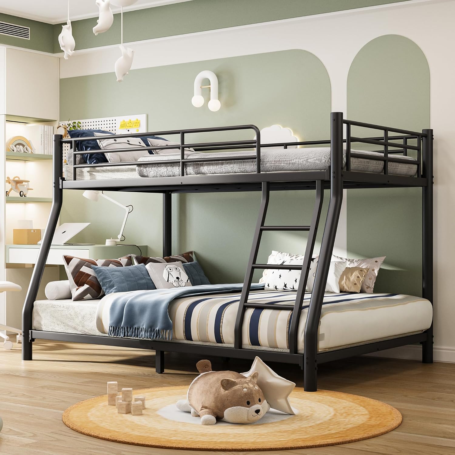 Metal Twin Over Full Size Bunk Bed for Adults & Kids,Twin Over Full Bunk Beds, Low Profile Bunkbeds with Length Guardrail and Ladder, No Box Spring Needed,Space Saving