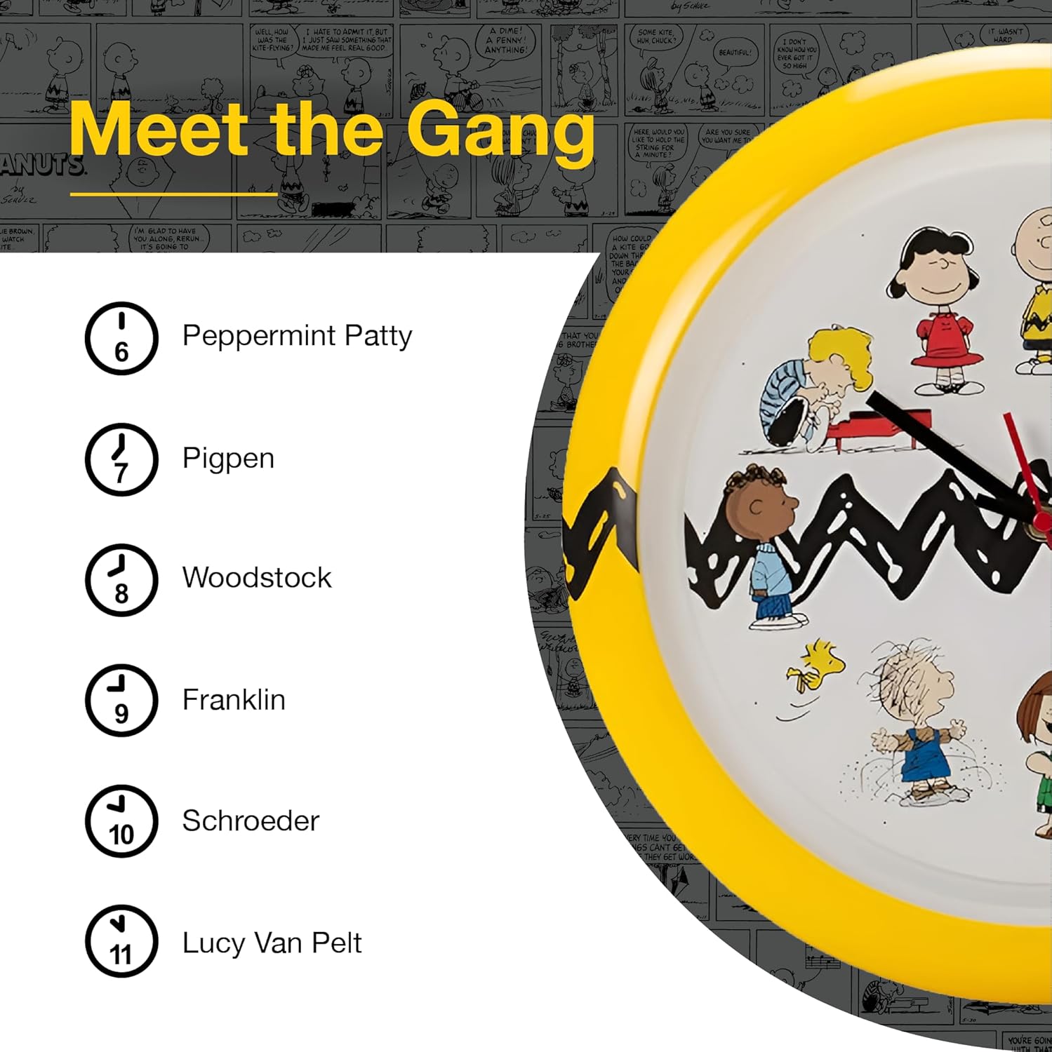 Mark Feldstein Peanuts Characters Zig Zag Wall Clock, Yellow and Black, 13 Inch