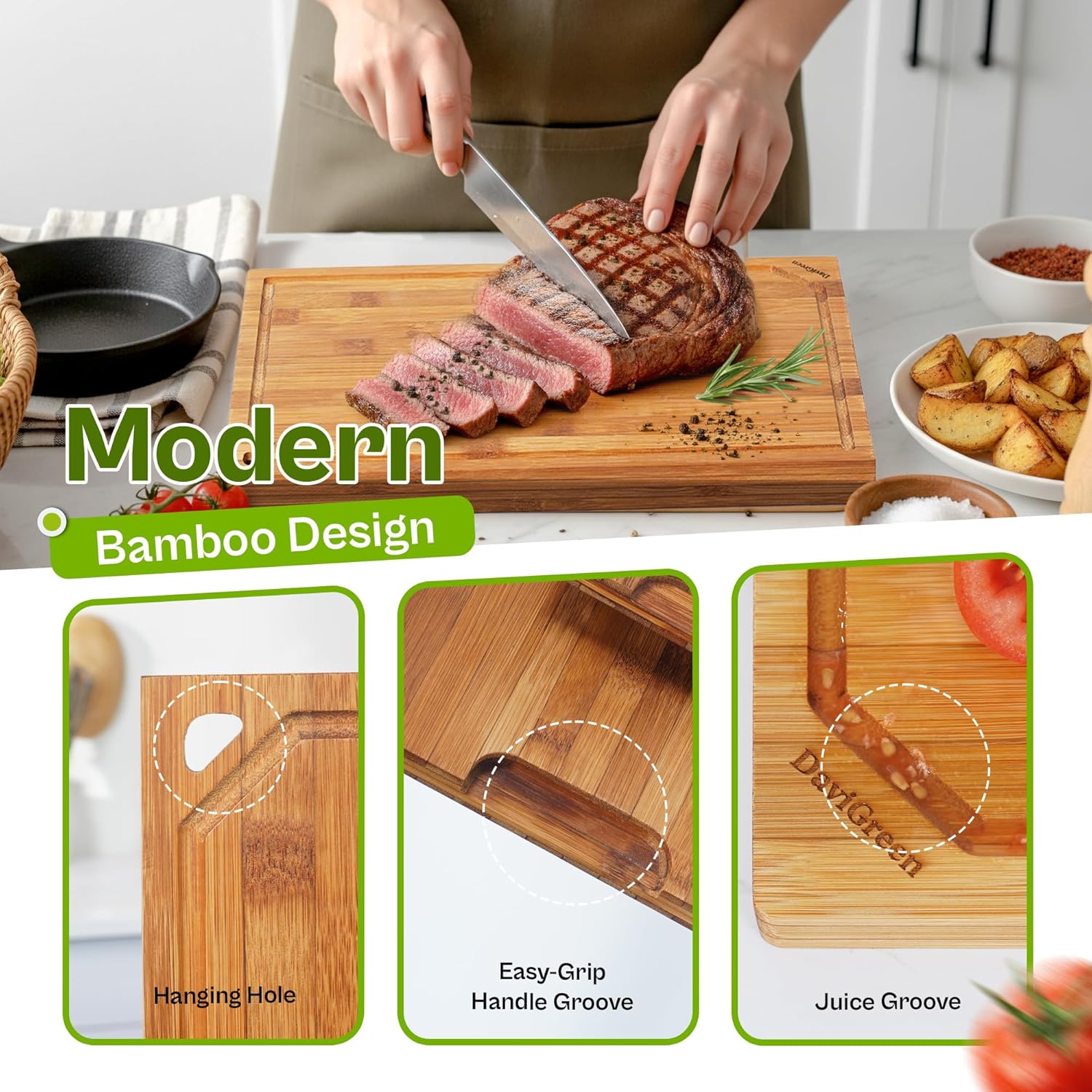 Carbonized Bamboo Cutting Board Set of 3, 0.6 Inch Thick, Dark Bamboo, Juice Groove, Hidden Handles, Reversible Boards for Kitchen Prep & Serving