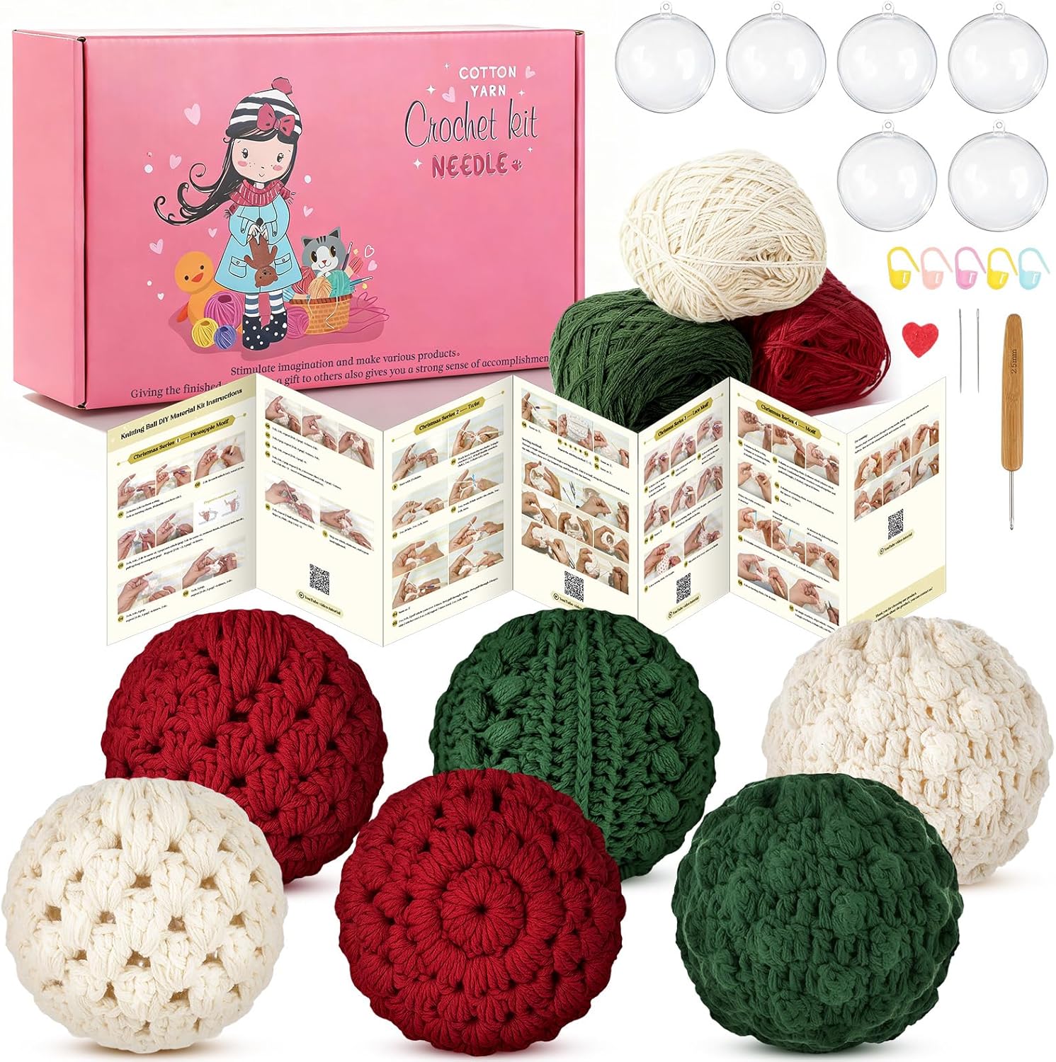 Syhood Christmas Crochet Kit with 6 Pcs 2.76" Clear Fillable Ball Ornaments Red Green White Yarn Wood Hook Tools and Accessories for Christmas Gift Holiday Season Craft Tree Decor