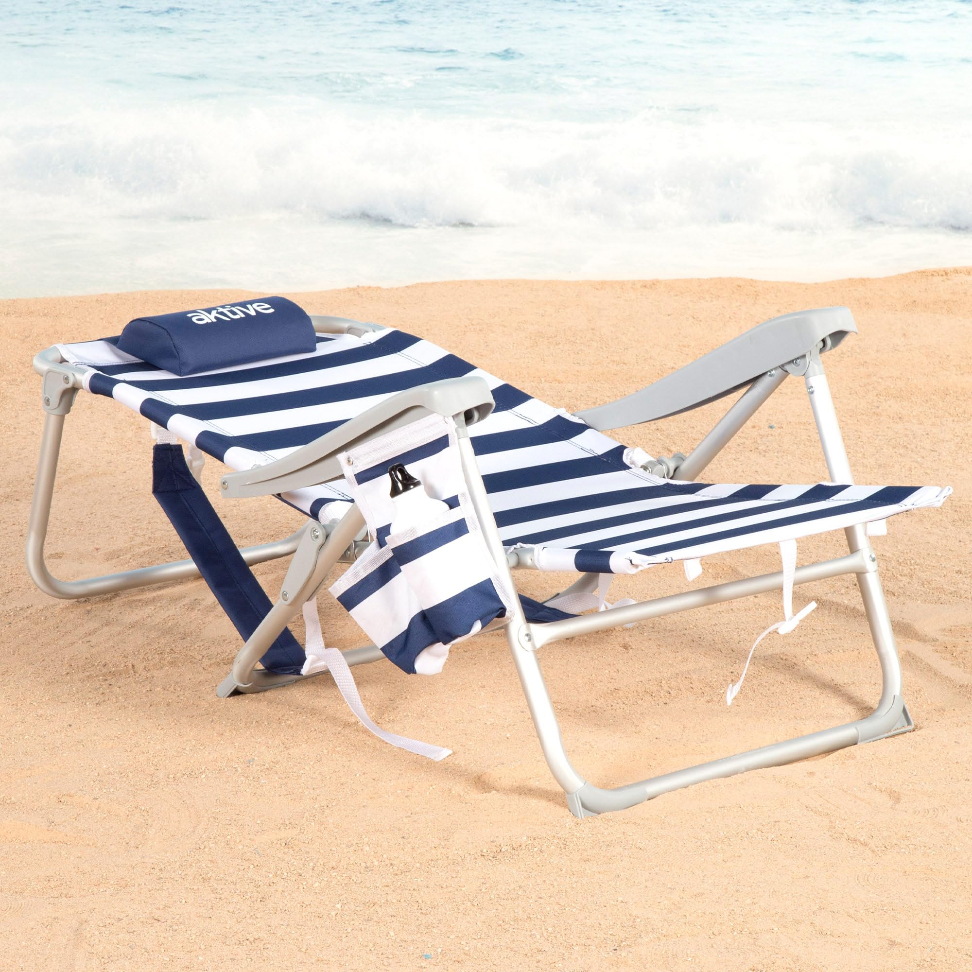 AKTIVE Pack 2 sillas Playa, 48x58x80 cm, 5 Posiciones, Rayas marineras, Peso soportado por Silla 110 kg, Cojín, Bolsillos, Posavasos Laterales, Nevera incorporada, Asas Mochila (85540)