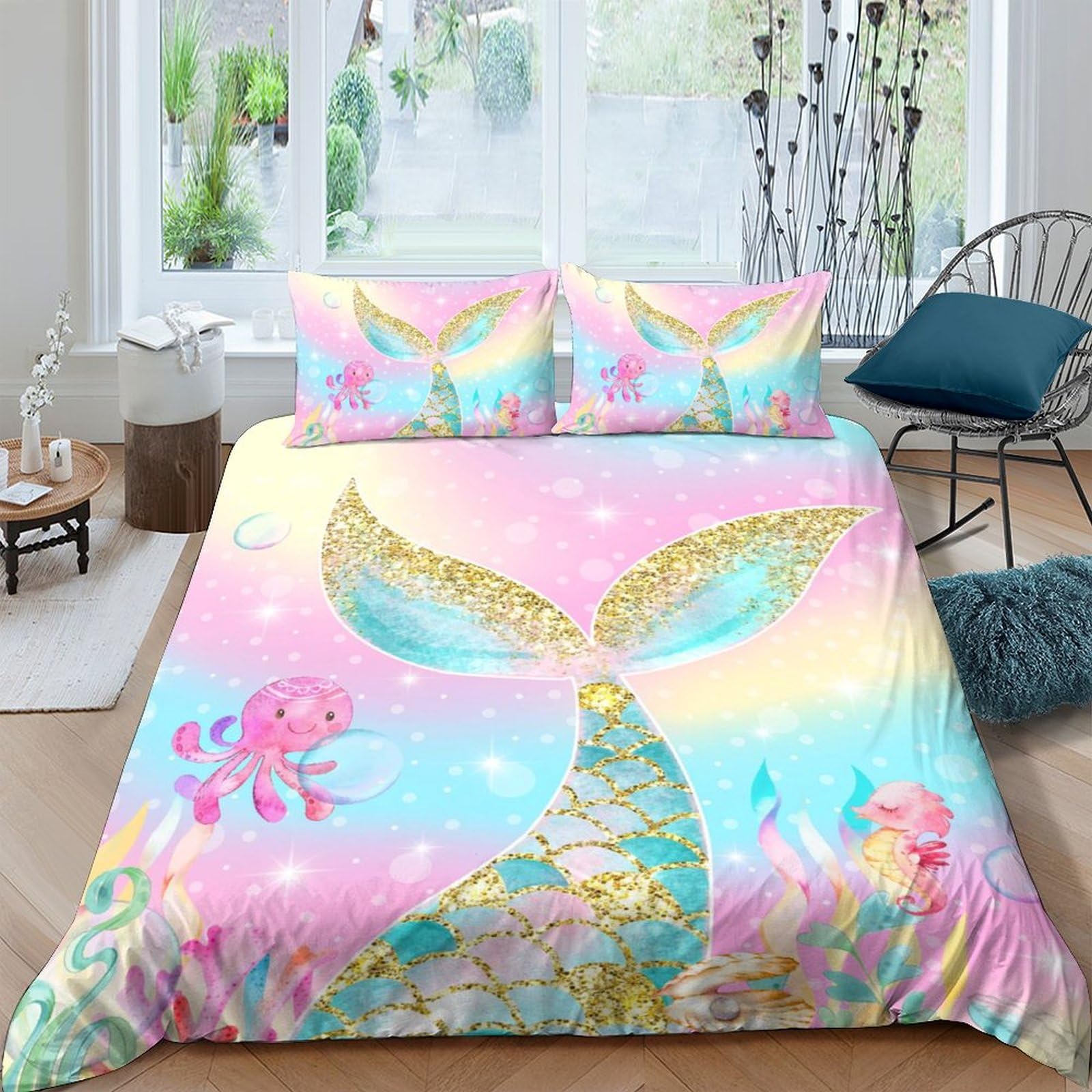 HAVOP Mermaid Duvet Cover Set Double Size Girls Bedding Set Pink Sparkle Tail Quilt Cover Set Soft Microfiber Comforter Cover Set including Pillowcases Kids Girls Bedding Set - Image 4