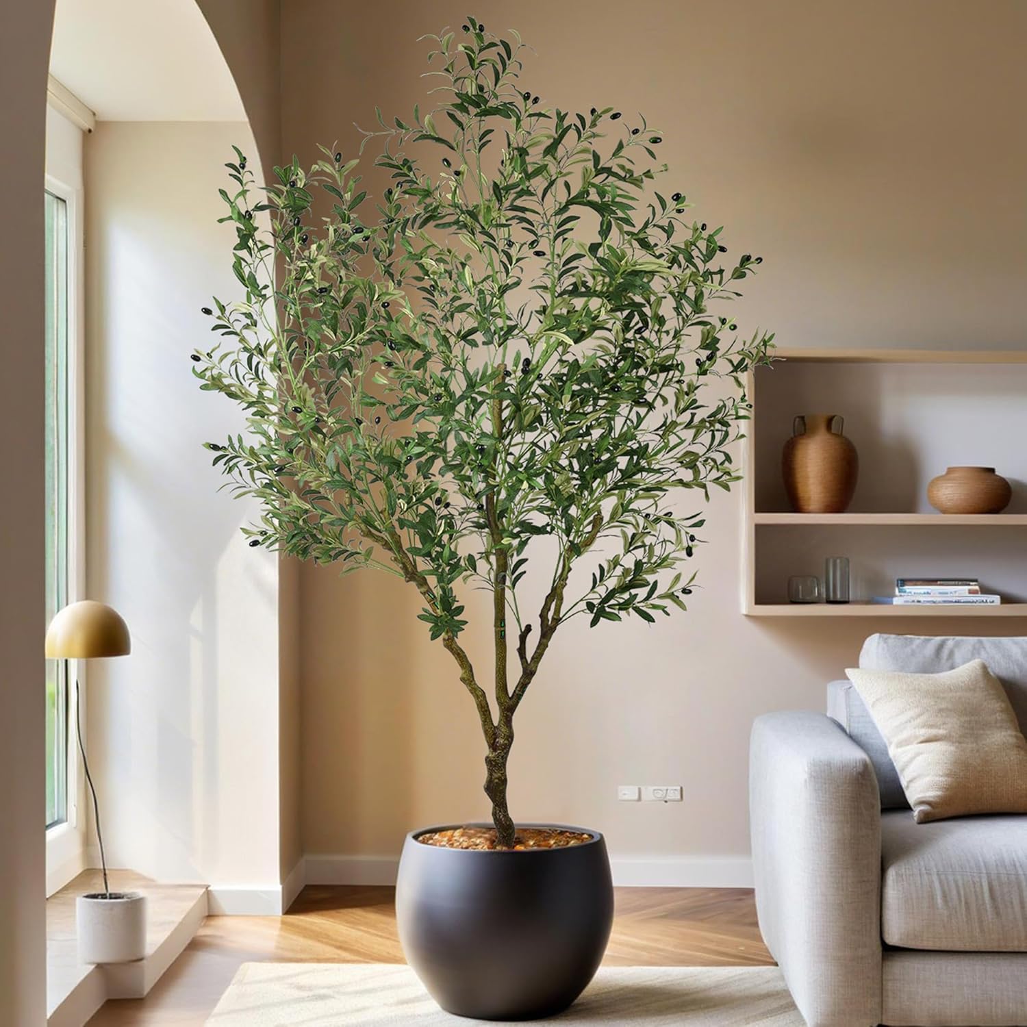 Artificial Olive Tree 7ft(84in) Tall Large Fake Floor Potted Faux Olive Silk Tree with Realistic Branches Leaves and Big Fruits, Artificial Plants for Home Living Room Office Indoor Decor(7feet,1pack)