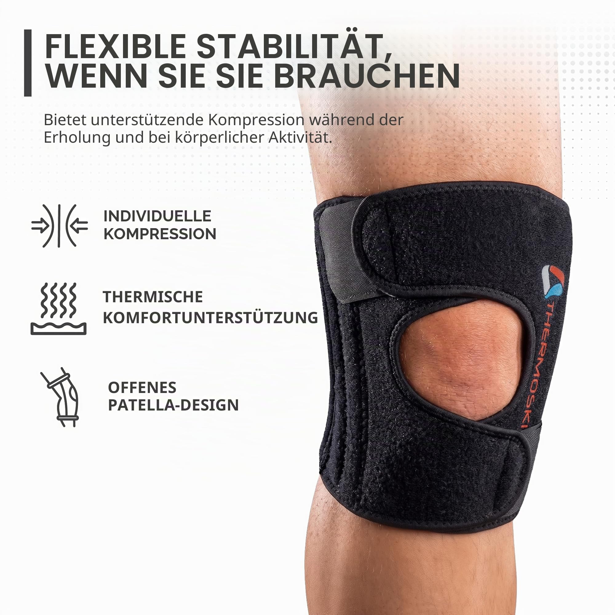 Thermoskin Sports Kniebandage verstellbar mit Seitenstabilisatoren, Kniestütze Damen und Herren, Patellasehnenbandage Jumperband, Kompression und Wärme beim Sport, Schwarz