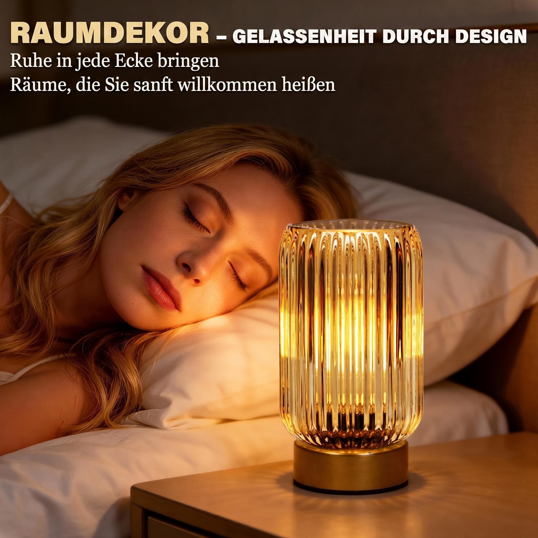 MJ PREMIER 2er-Set Tischlampe Kabellose, Batteriebetriebene Nachttischlampe mit 6H Timer, gelber geriffelter Glasschirm, Vintage Dekoleuchte ohne Stromkabel, kleine Tischleuchte für Innenräume