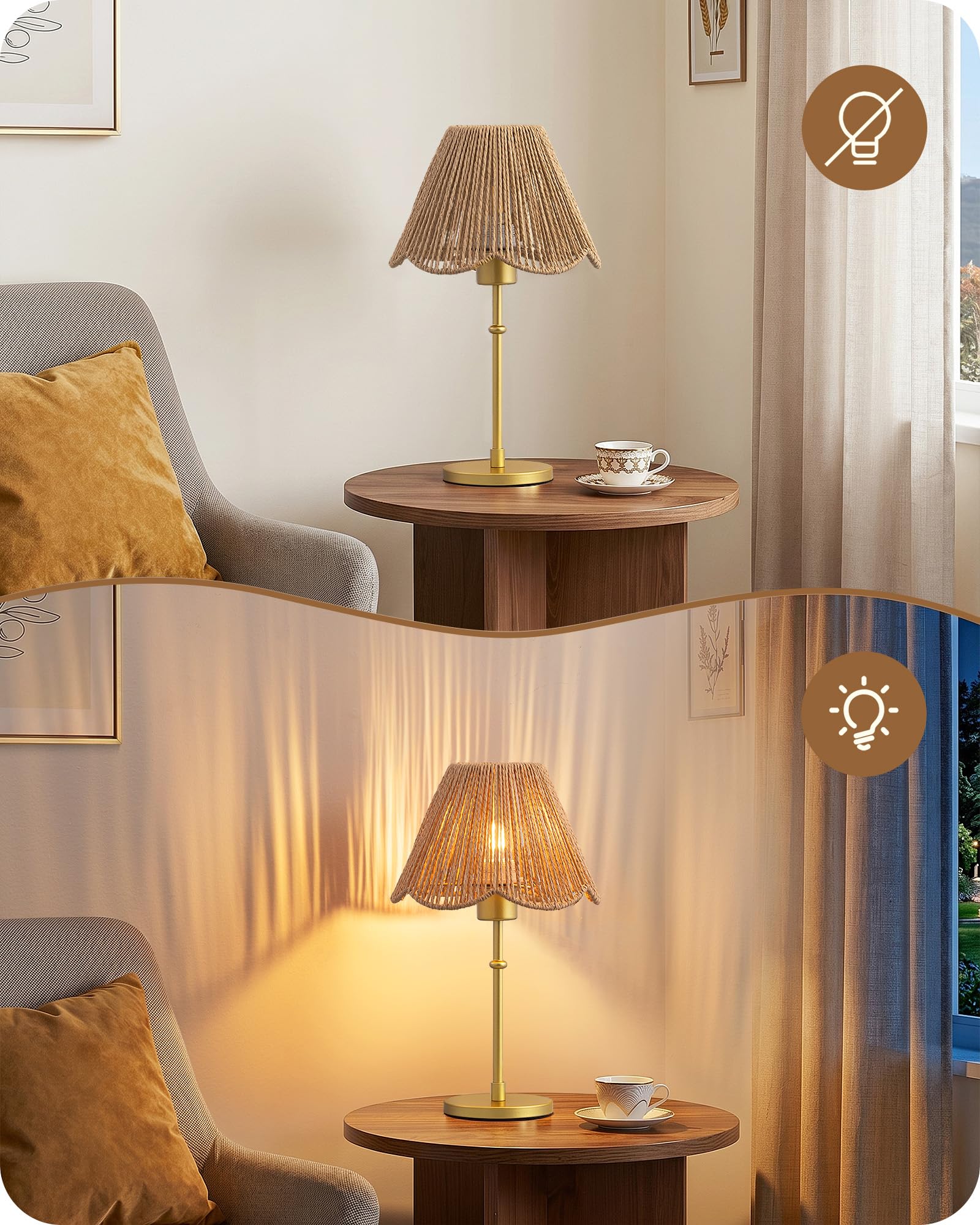 EDISHINE Lampada Tavolo E27, Paralume Corda Carta, Base Metallo Dorata | Bianco Caldo 2700 K, Paralume in Corda Carta Intrecciata a Mano, Lampadina LED Inclusa, Decorativo per Camera, Soggiorno