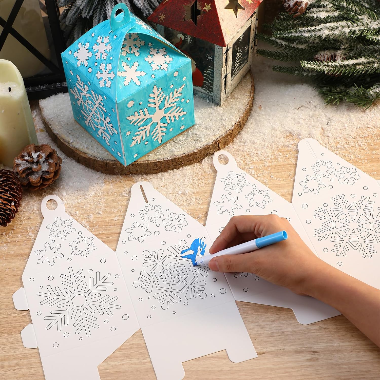 16 Pcs Snowflake Lantern Crafts Winter Holiday Coloring Paper Lantern Craft Color Your Own Snowflake Ornaments for Winter Holiday DIY Home Activities Party Supplies
