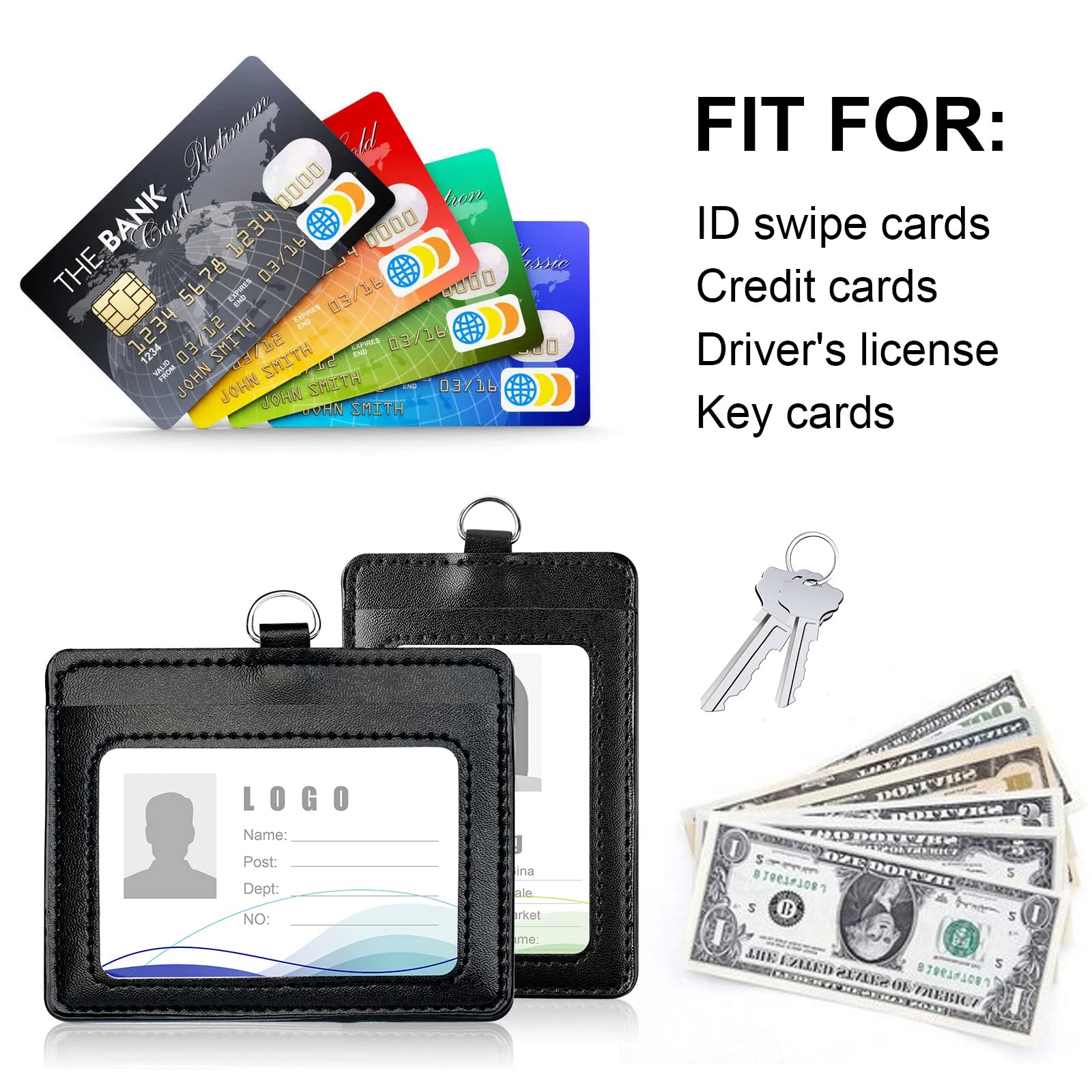 Vicloon Porta badge in pelle PU 2 pezzi con finestra trasparente per ID e slot carte credito cordino staccabile nero verticale orizzontale