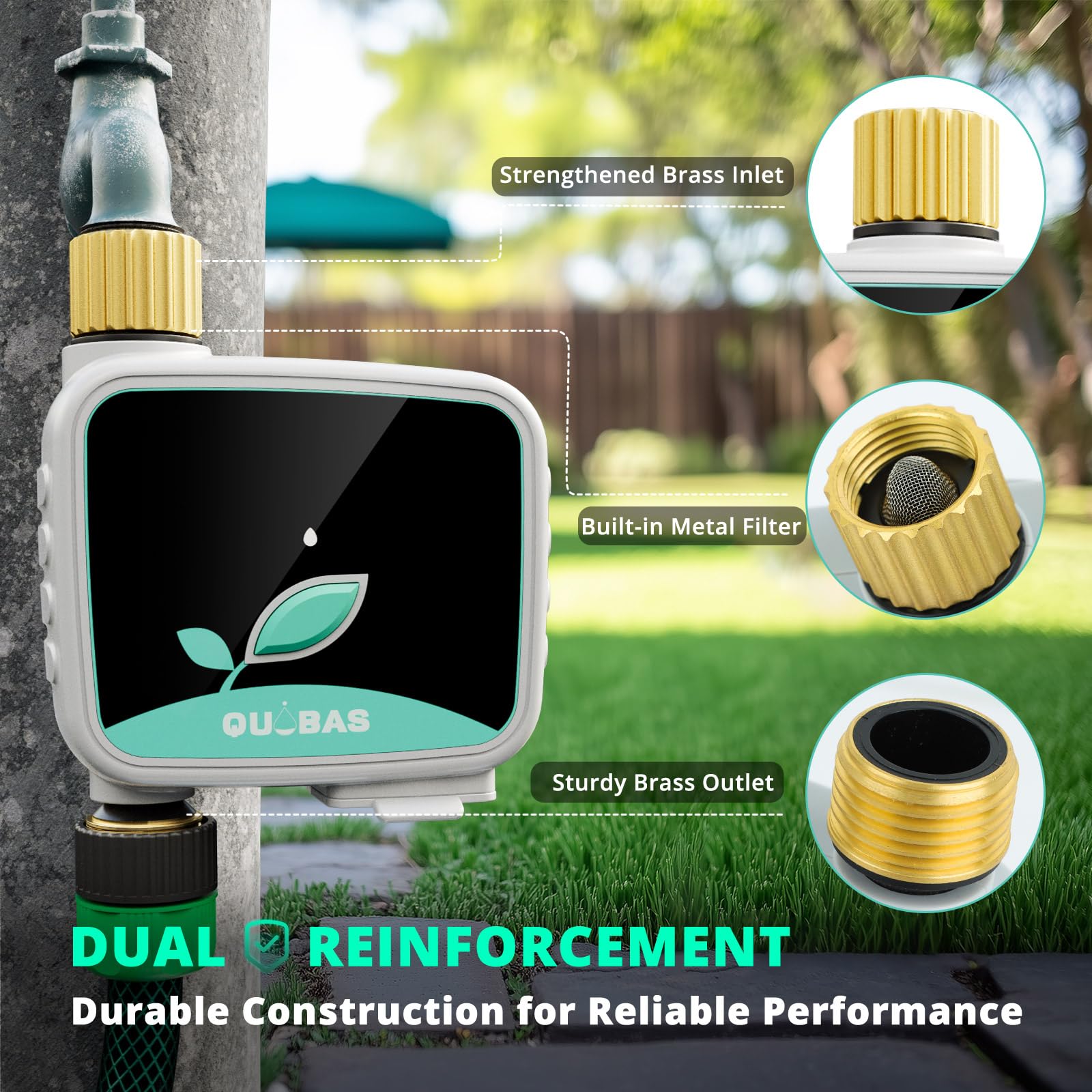 QUOBAS Timer irrigatore WiFi con ingresso e uscita in ottone, timer intelligente per tubo da giardino con telecomando APP, irrigazione manuale, irrigazione ritardata della pioggia, per prato, giardino