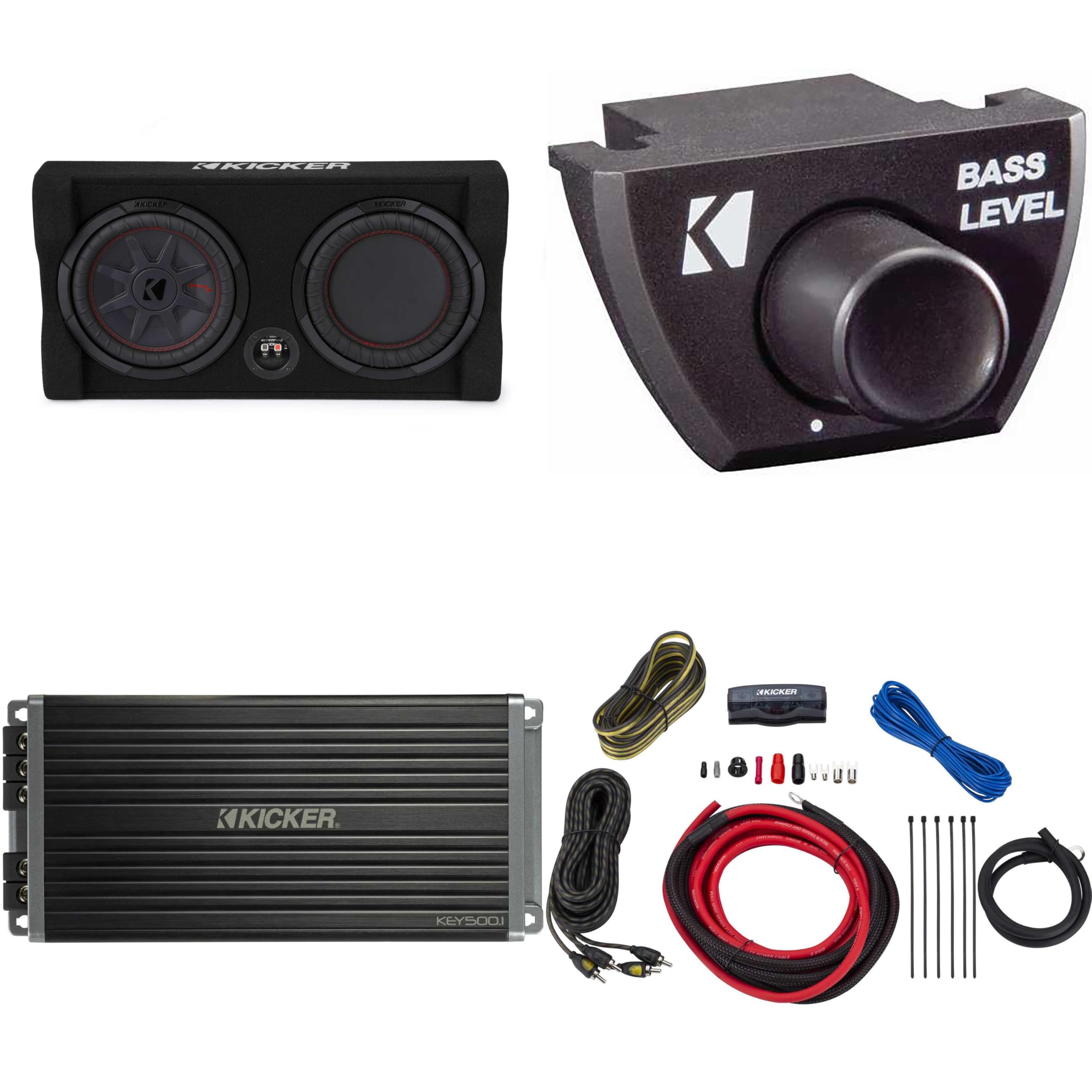 Kicker Comp RT 10 Inch 48TRTP102 Thin Down Firing Enclosure Package with 47KEY5001, Bass Knob & Amp Install kit Bundle
