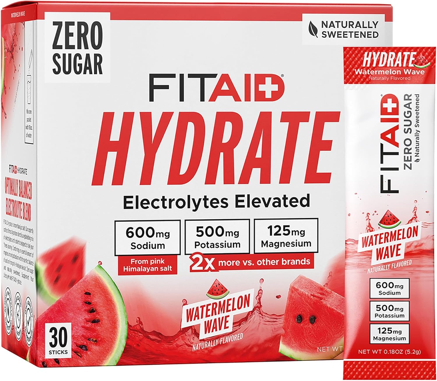 LIFEAID FITAID Hydrate Clean Electrolyte Mix, Zero Sugar, Balanced Electrolyte Ratios: 600mg Sodium, 500mg Potassium, 125mg Magnesium, Watermelon Wave, for Exercise & Active Hydration, 30 Sticks